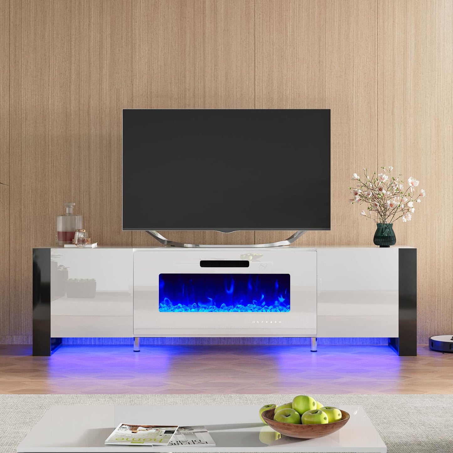 Fireplace TV Stand with 36" Fireplace, 70" Modern High Gloss Entertainment Center