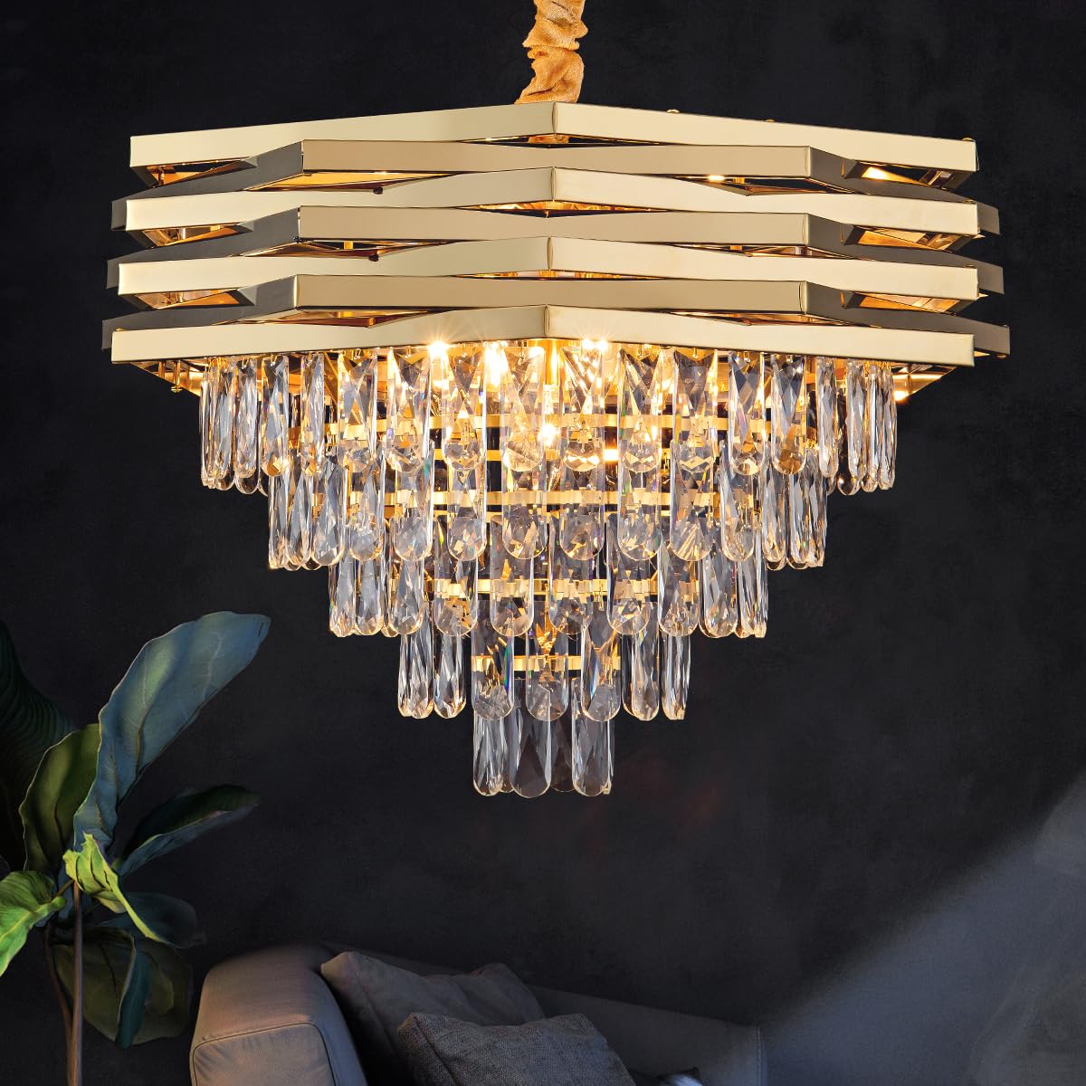 24" Crystal Chandelier Modern Gold 9-Light 5-Tier Luxury