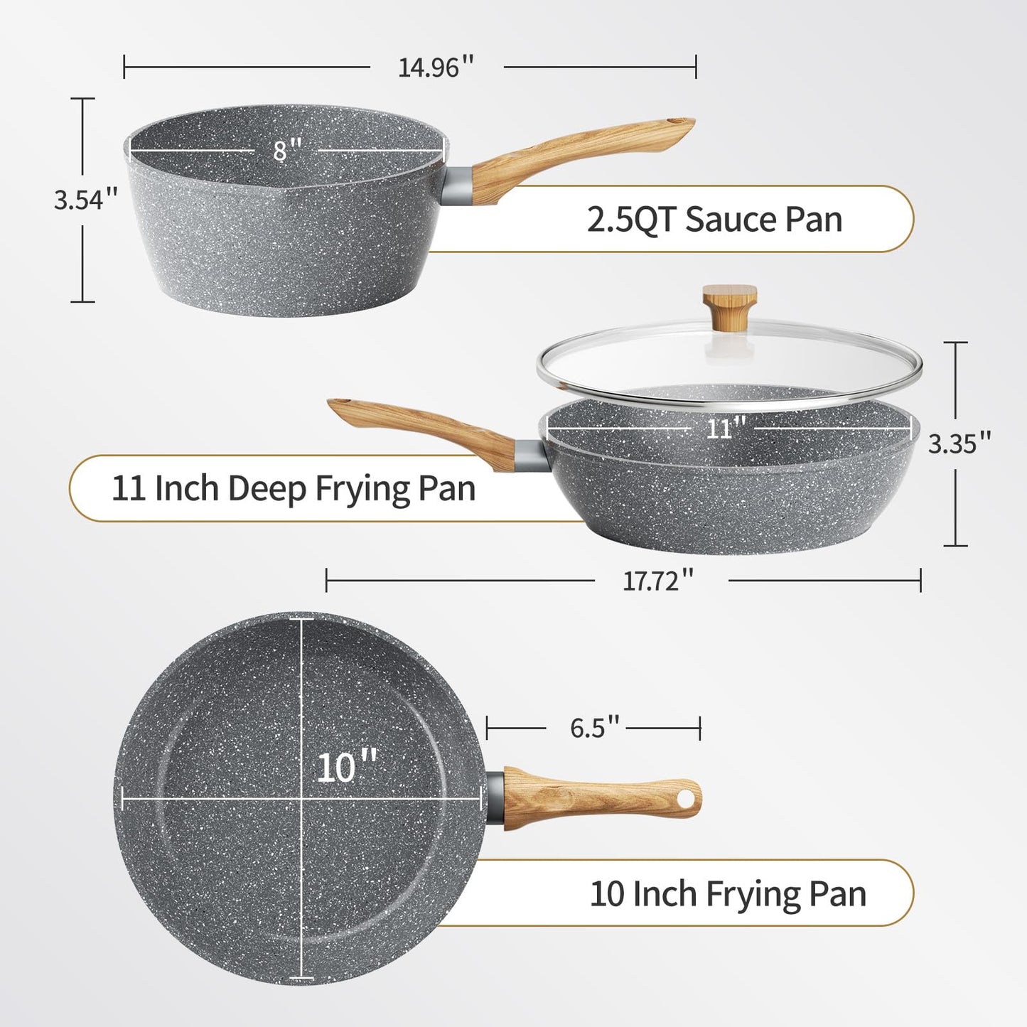 Nonstick Frying Pan Set, Non Stick Sauce Pan Set with Lid Gold Granite Pans