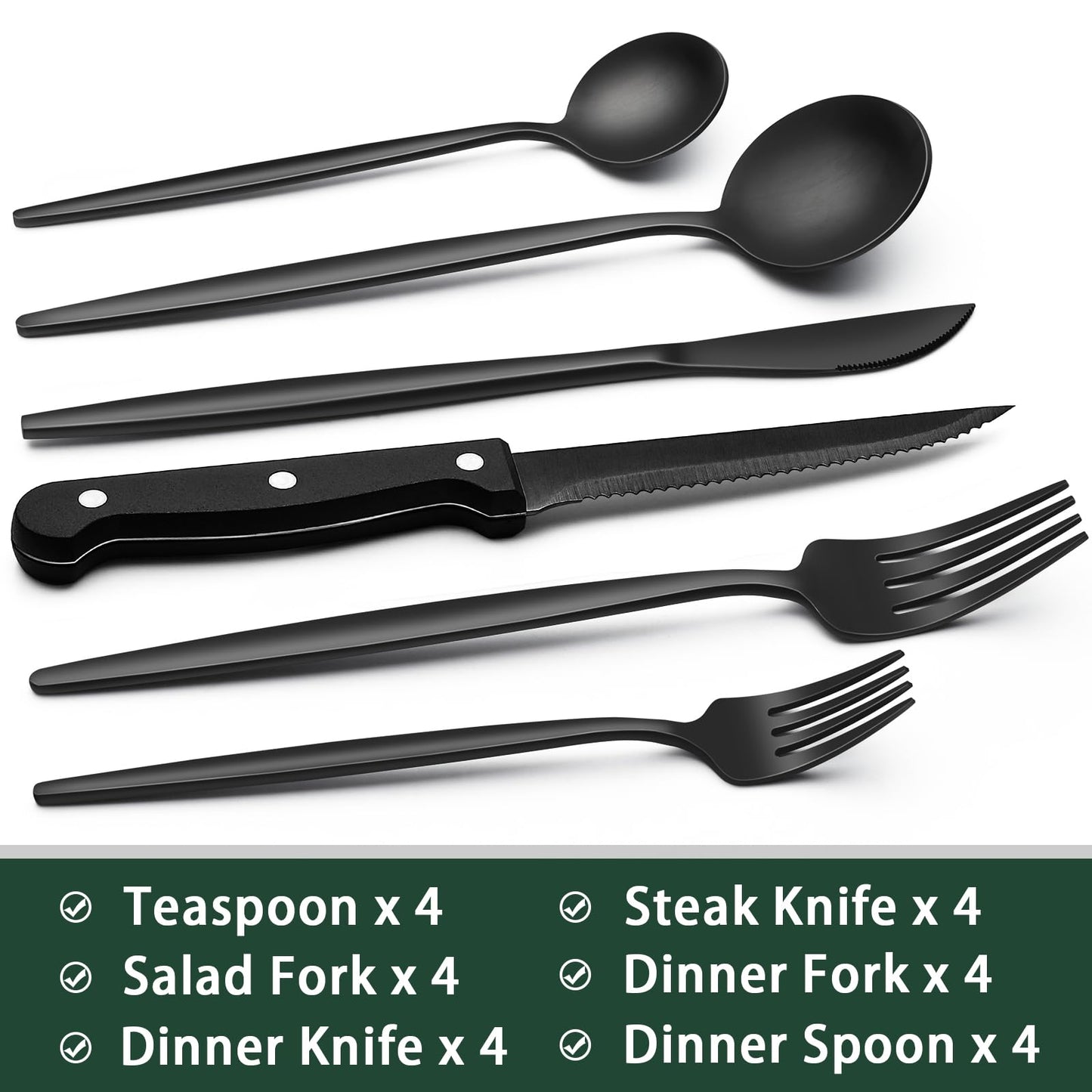 24-Piece Black Silverware Set with Steak Knives, Black Flatware Set for 4