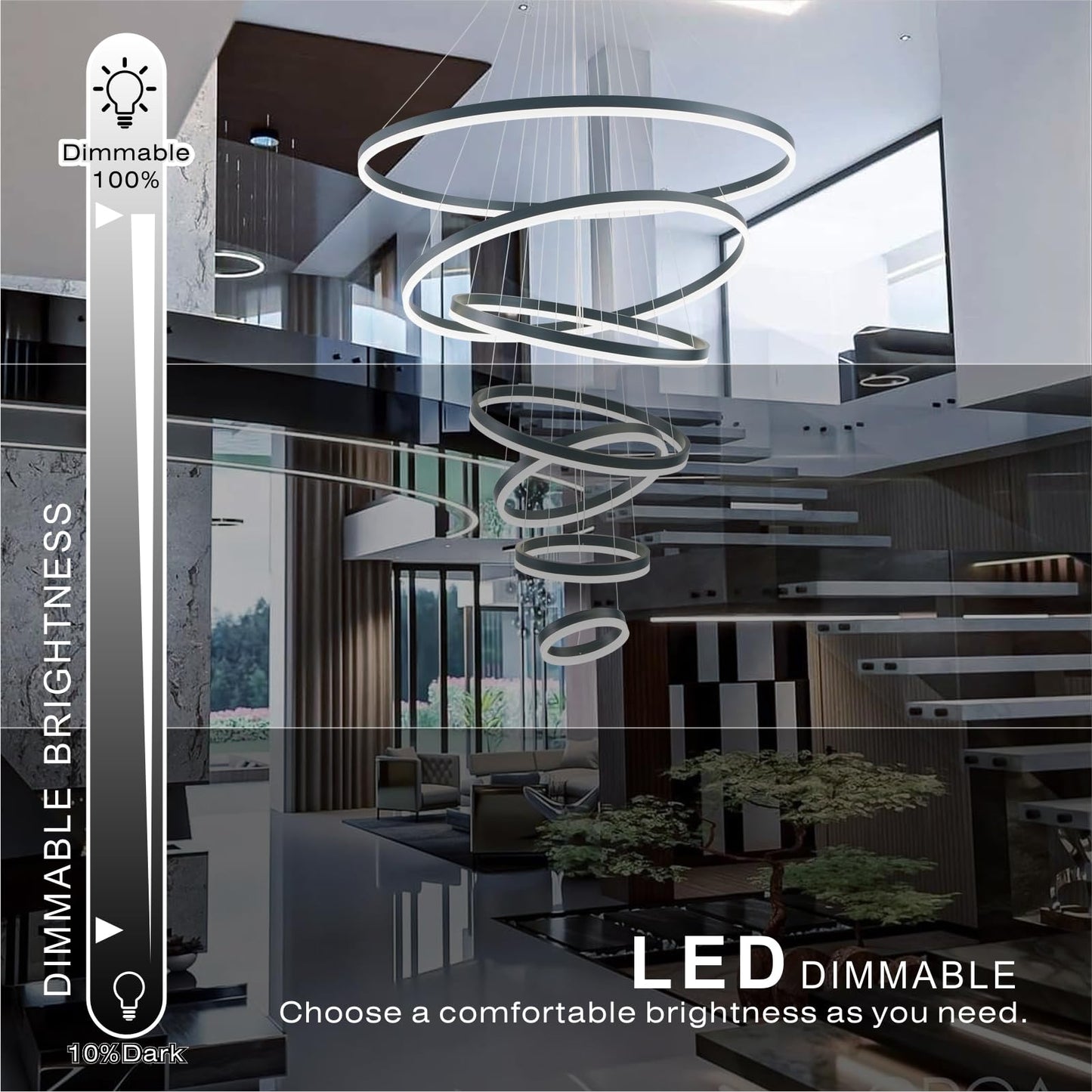 39.37" Larger Chandelier for High Ceilings, 7 Ring Dimmable with Remote