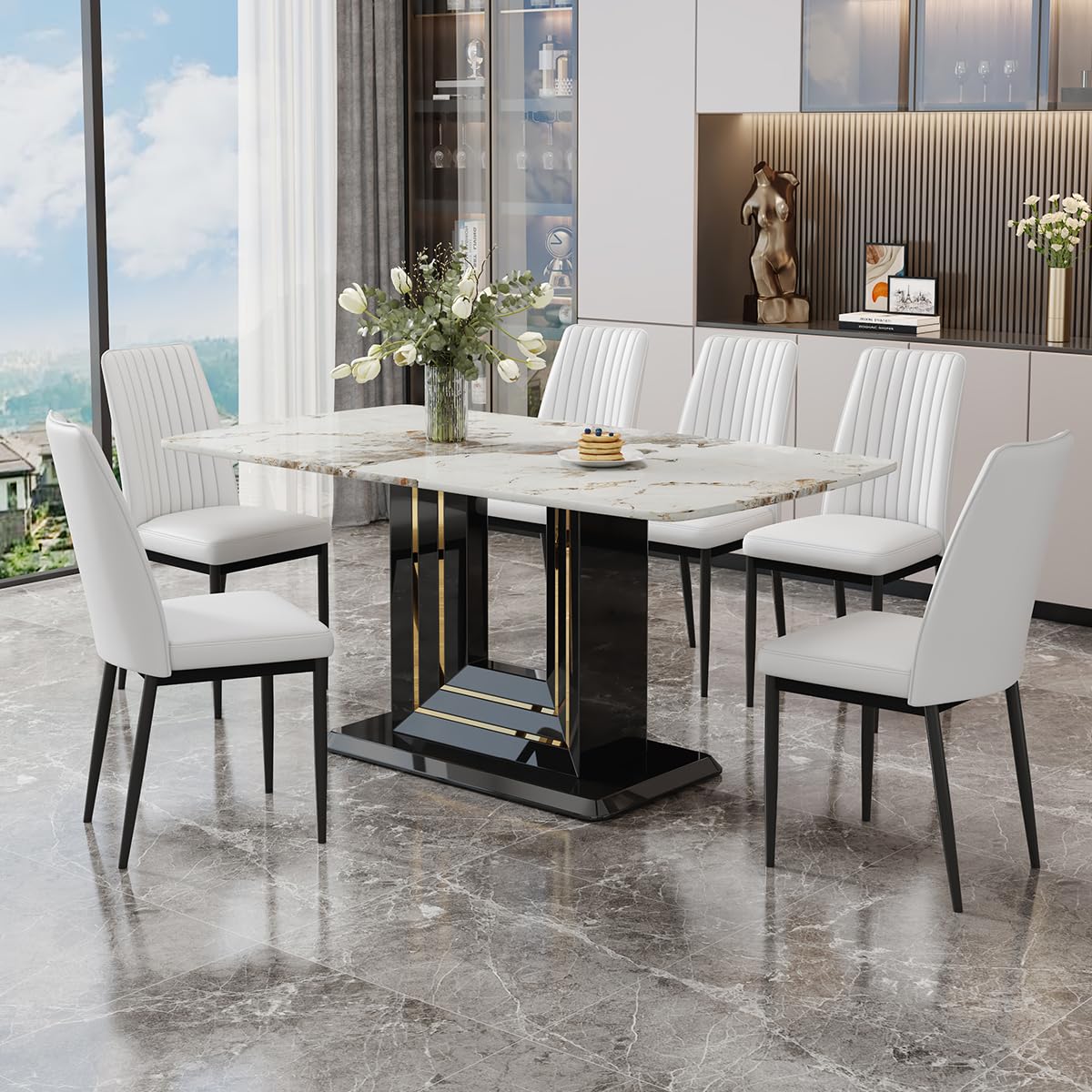 Dining Table Set for 6, White Faux Marble Pattern Table with 6 Modern Dining Chairs