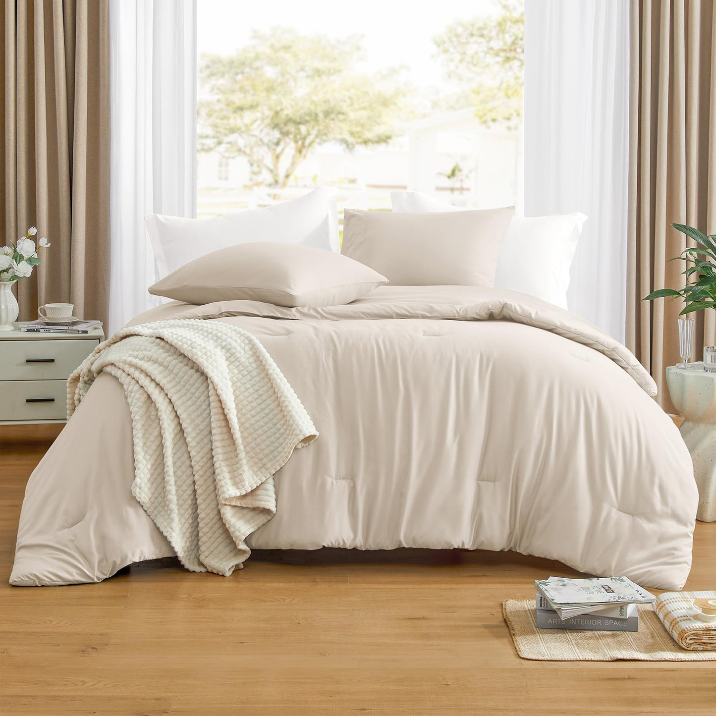 Lightweight Beige Comforter Set Queen Size, Fluffy Comforters