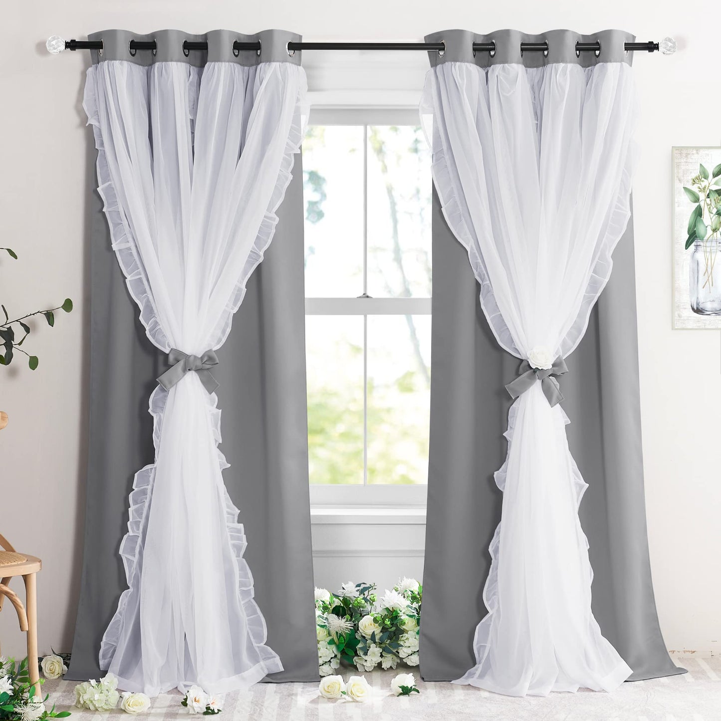 Blackout Window Treatment Double Layer Drapes Ruffle Sheer Overlay 2 Panels