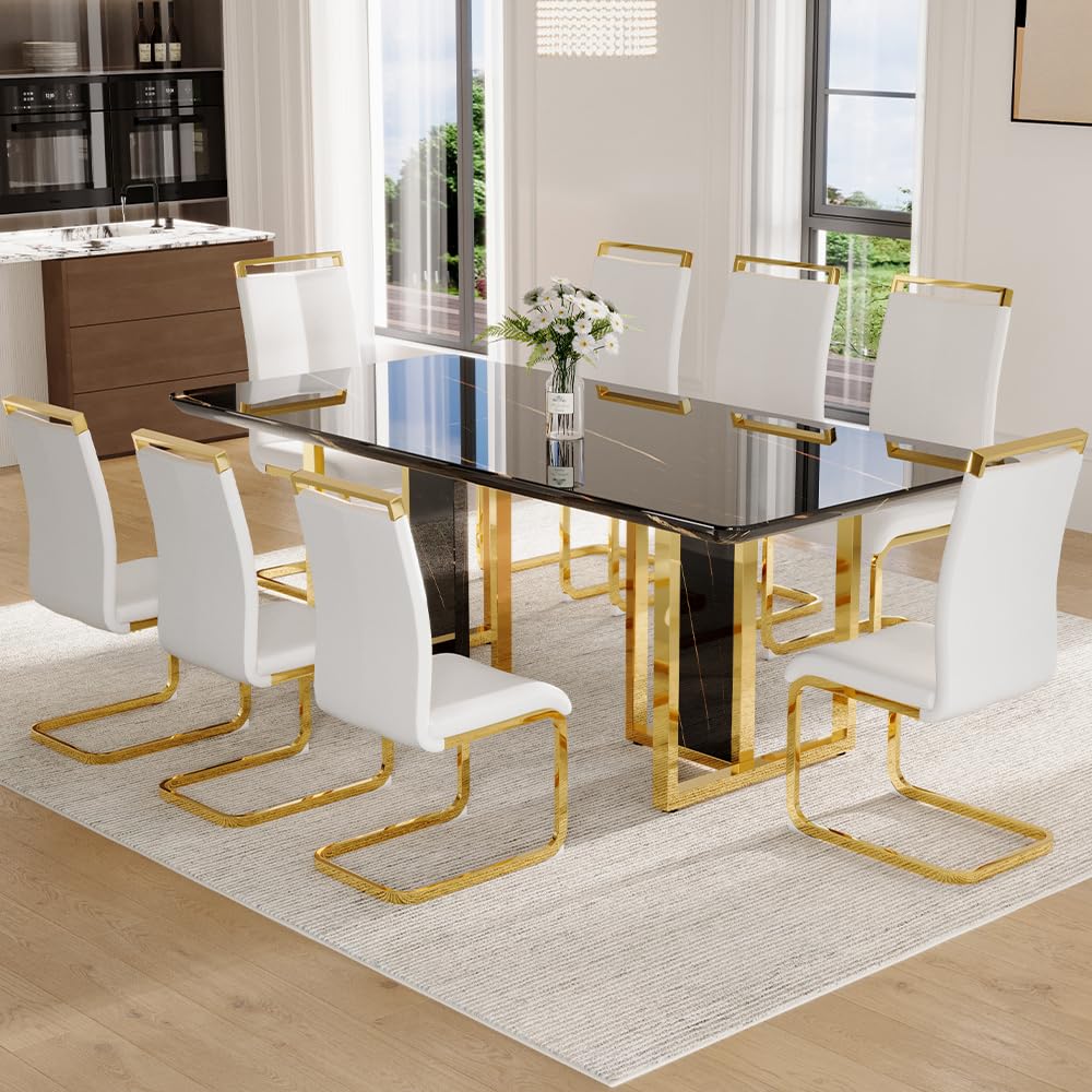 79" Black Modern Dining Table Set for 8,Black Golden Chairs