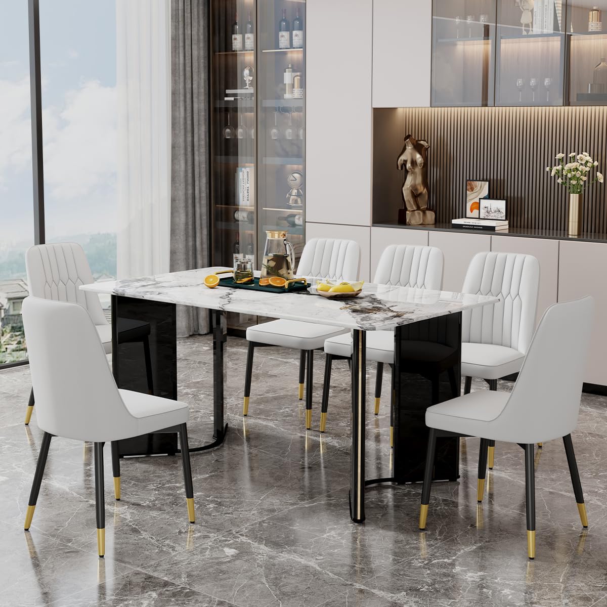 Dining Table Set for 6, White Faux Marble Pattern Table with 6 Modern Dining Chairs