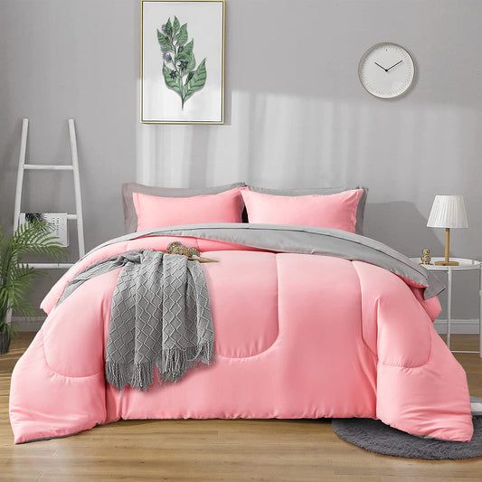 Twin Pink Comforter Set Bed in a Bag with Gray Sheet Set Reversible Soft