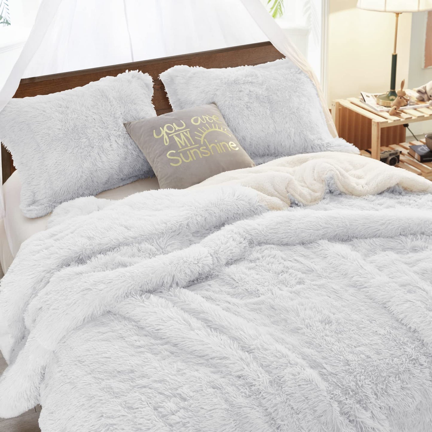 Gray Faux Fur Comforter Set Full/Queen 3 Pieces Bedding Set