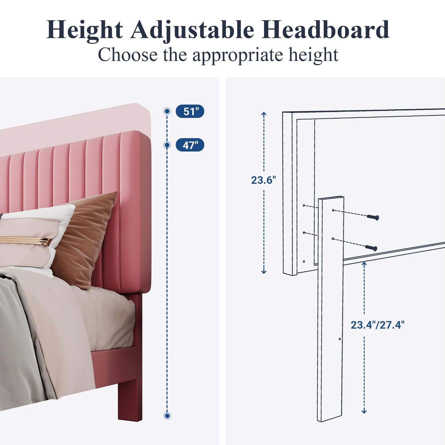 Velvet Upholstered Platform Bed with Adjustable Vertical Channel