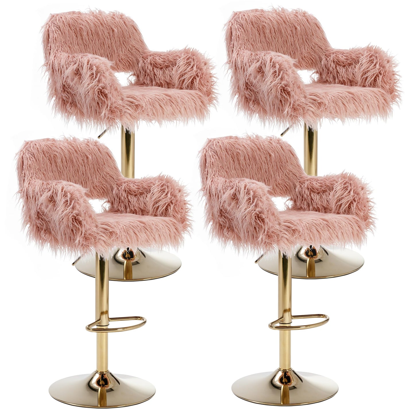 Pink Bar Stools Set of 2, Fuzzy Gold Counter Stools for Kitchen Island