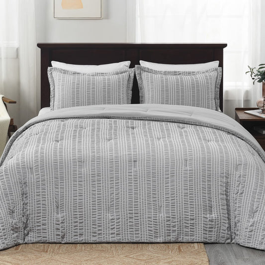 Grey Seersucker Bed Comforter King Set, Lightweight Down Alternative