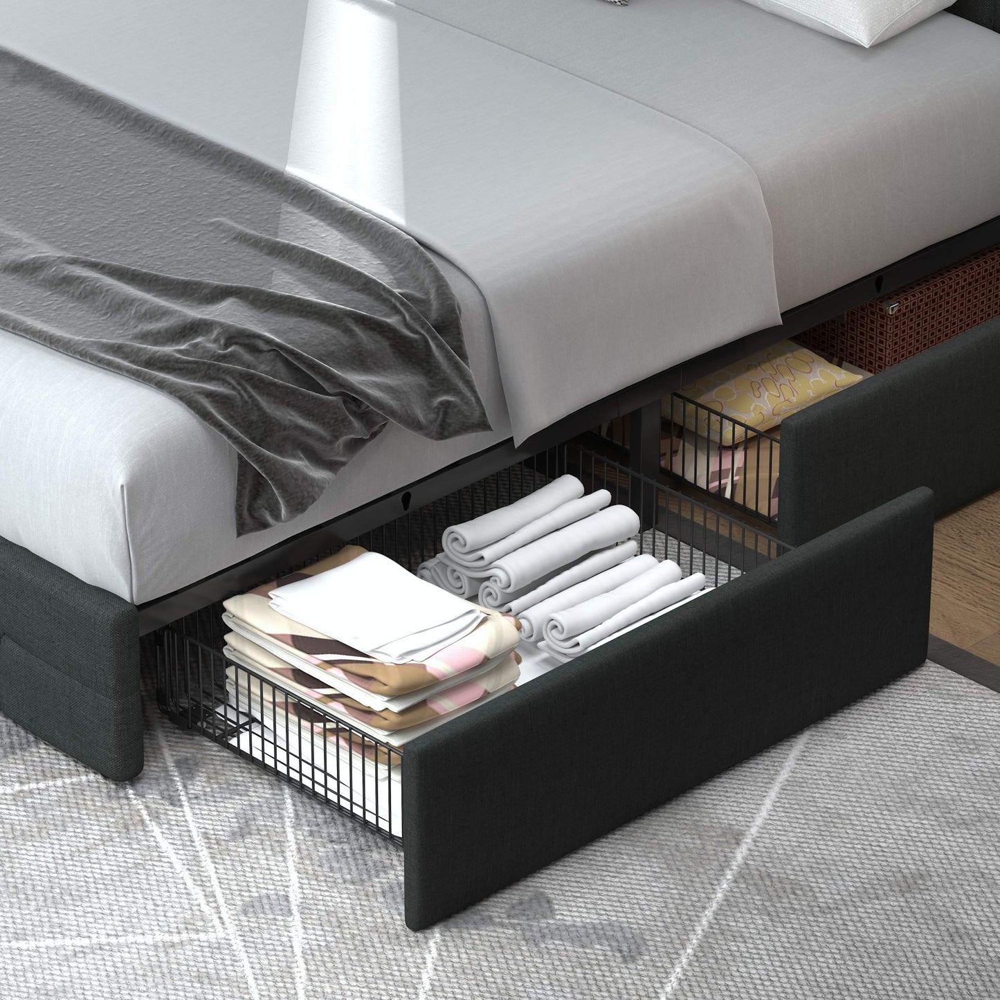 Upholstered Platform Bed Frame with 4 Storage Drawers and Headboard