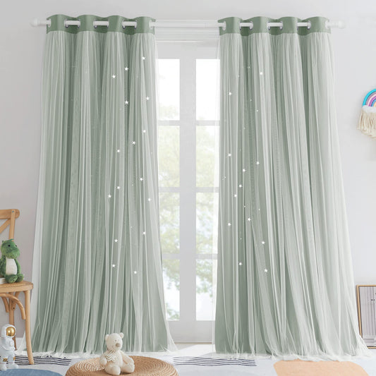 Blackout Curtains - Double Layer Drapes Sheer Overlay, 2 Panels