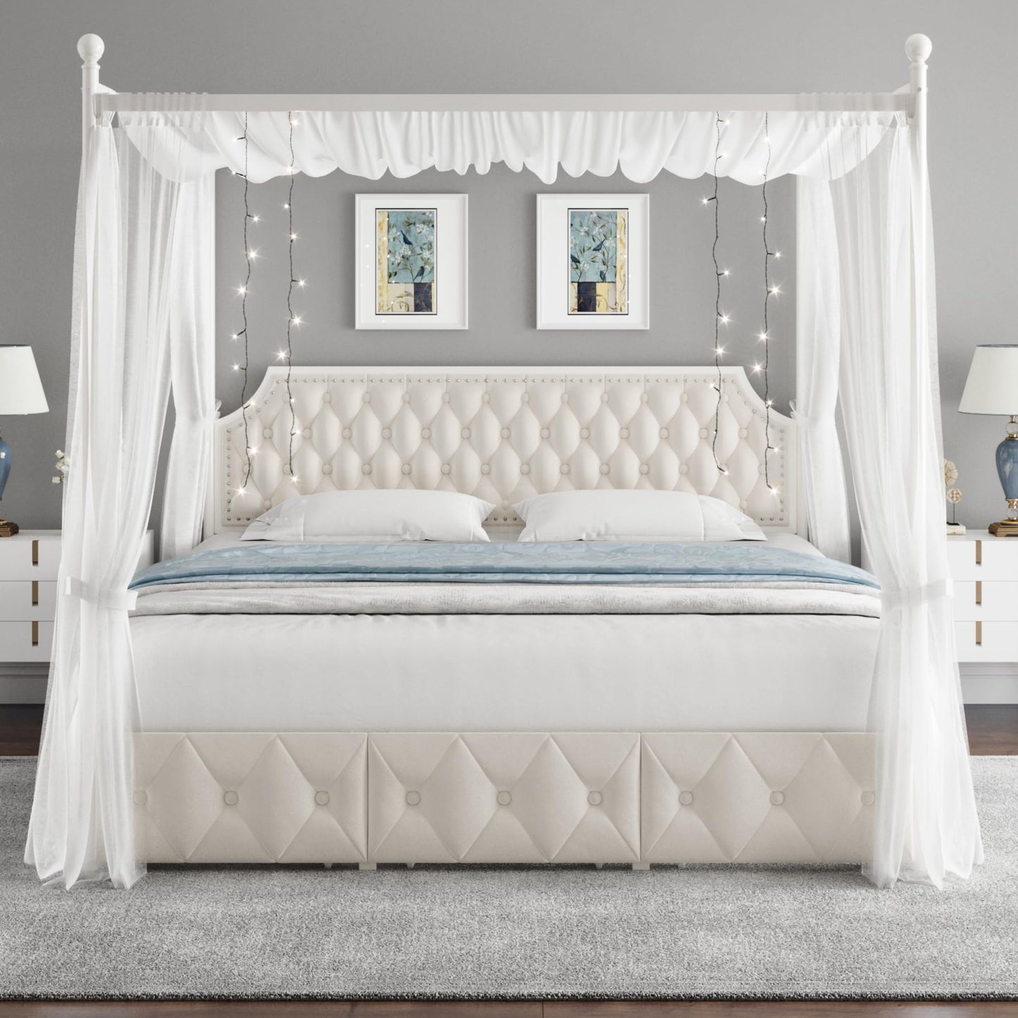 Upholstered Canopy Bed Frame with 2 Drawer and Button Tufted Headboard