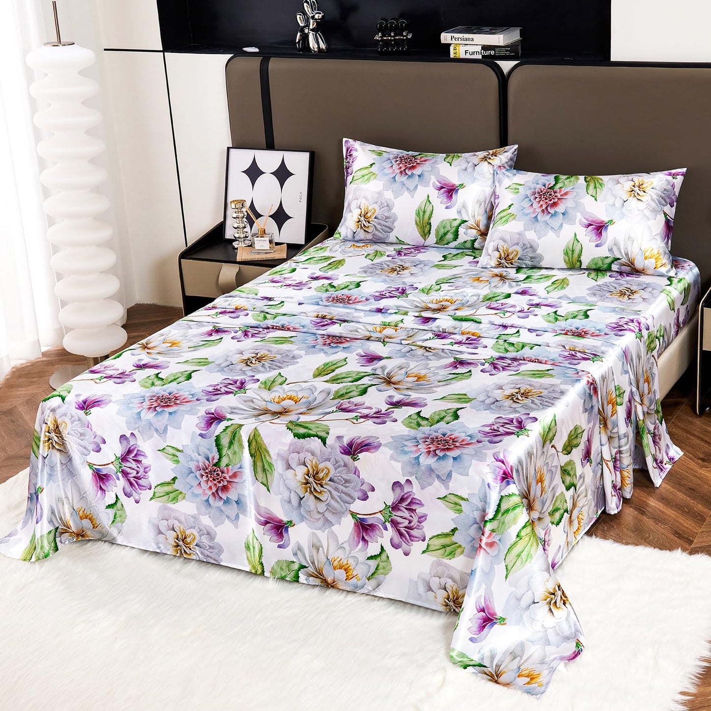 Floral Print - Luxurious Silky Feel Queen Sheet Set - Elegant Smooth Satin Bed Sheets