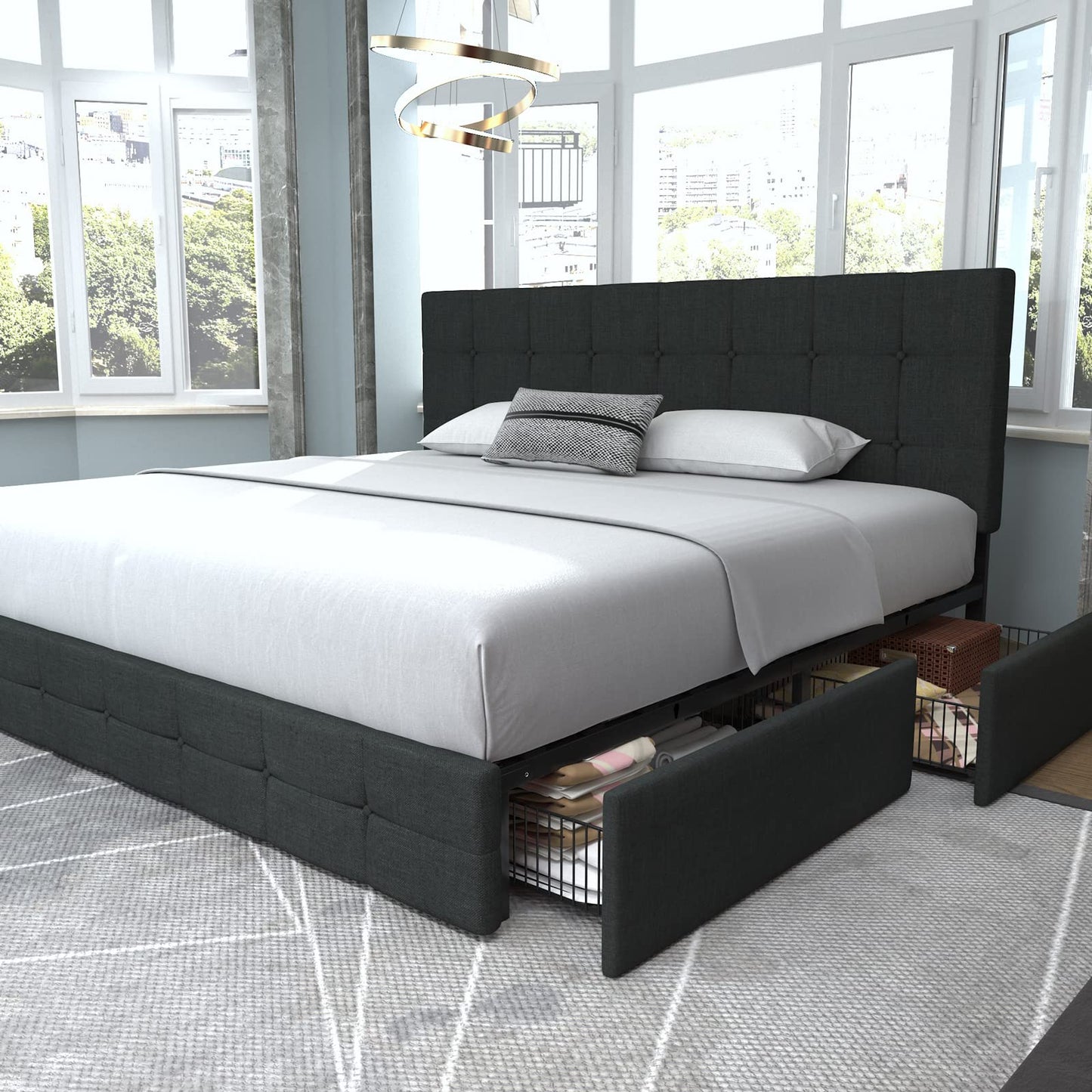 Upholstered Platform Bed Frame with 4 Storage Drawers and Headboard