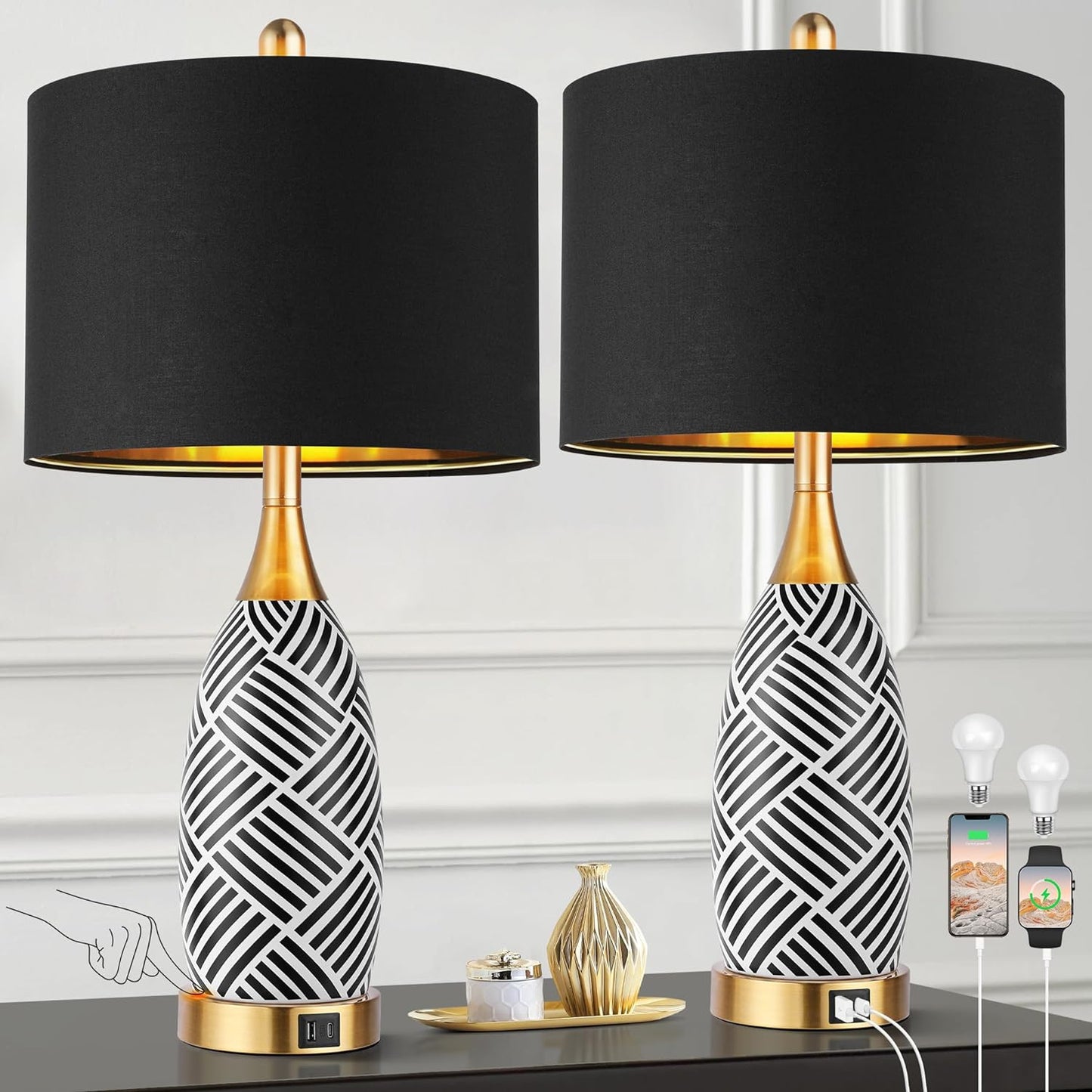 25.5" Touch Control Black and Gold Lamp,3-Way Dimmable