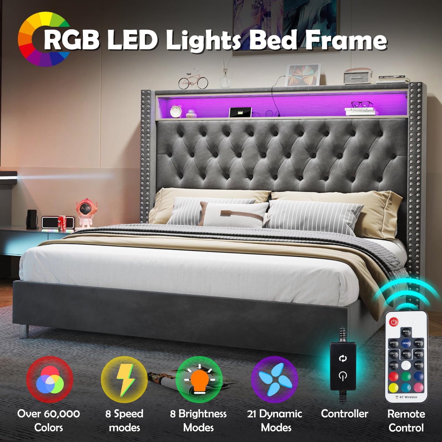 LED King Size Bed Frame and Headboard with Charging Station Velvet Upholstered