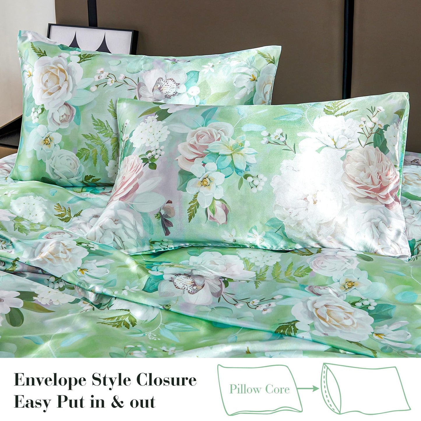 Floral Print - Luxurious Silky Feel Queen Sheet Set - Elegant Smooth Satin Bed Sheets