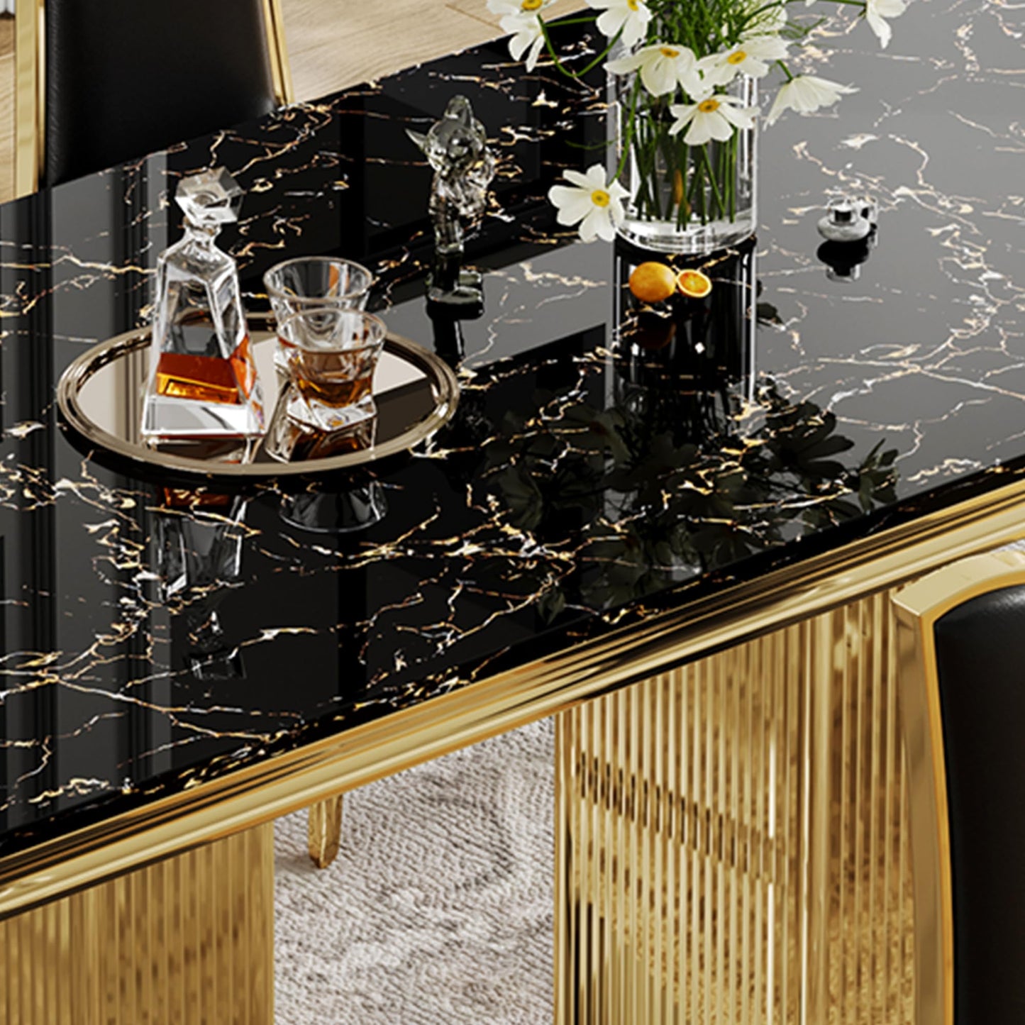 70 Inch White Marble Kitchen Table with Gold Mirrored Cabriole Legs