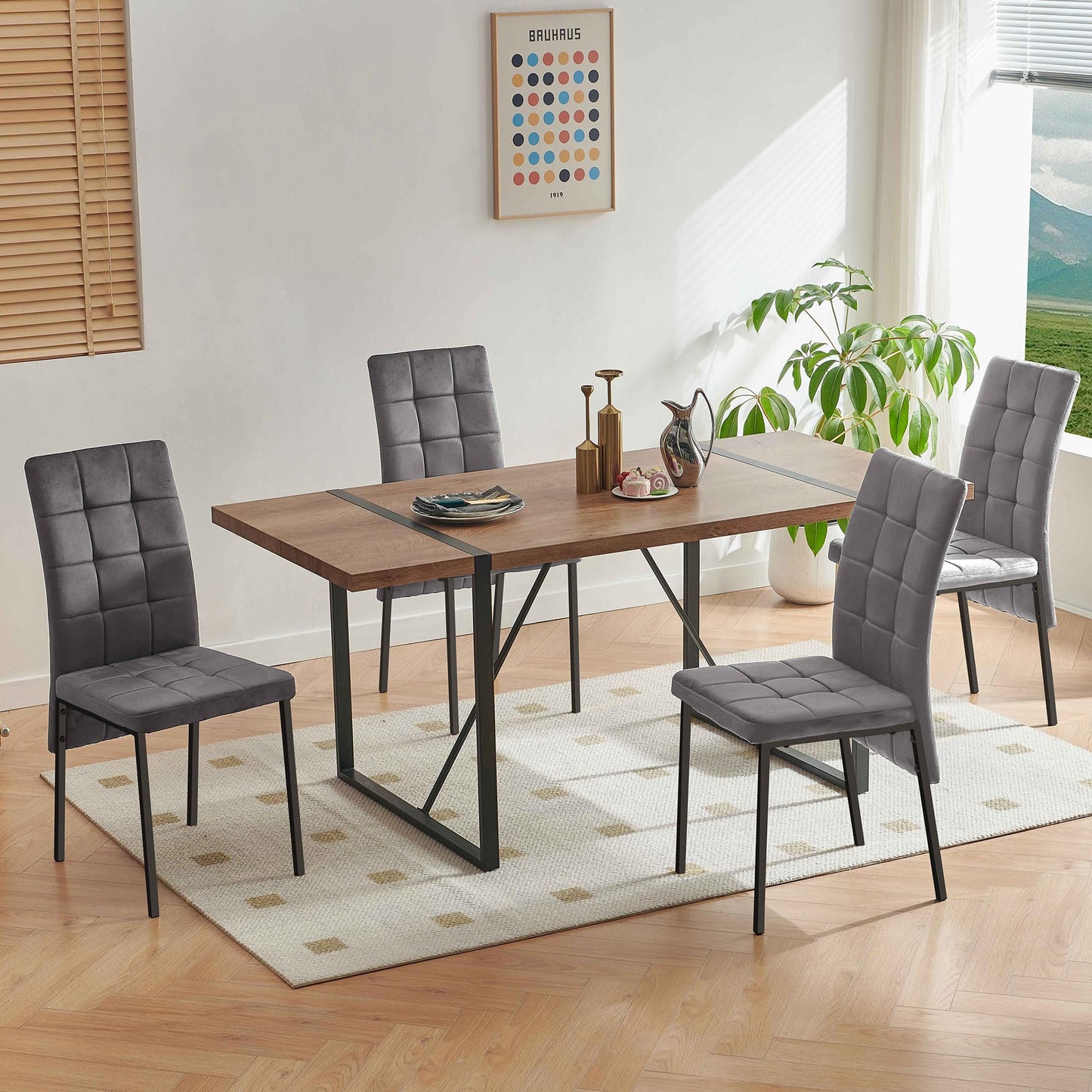 7 PCS Dining Room Table Set, 66" Large Kitchen Table Chairs Velvet Upholstered Chairs