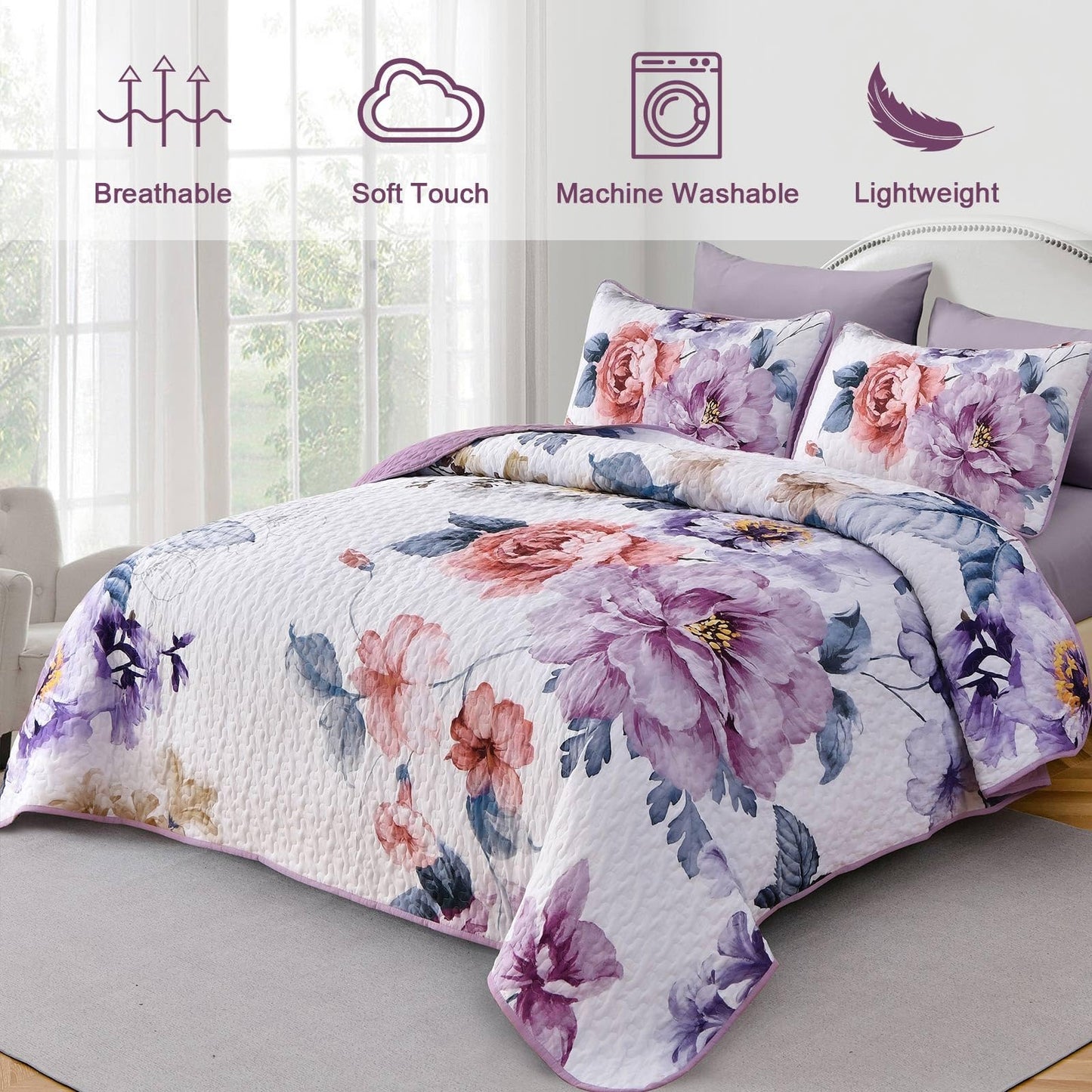 Purple Floral Quilt Set Queen Size, 3 Pieces Botanical Flower Printed