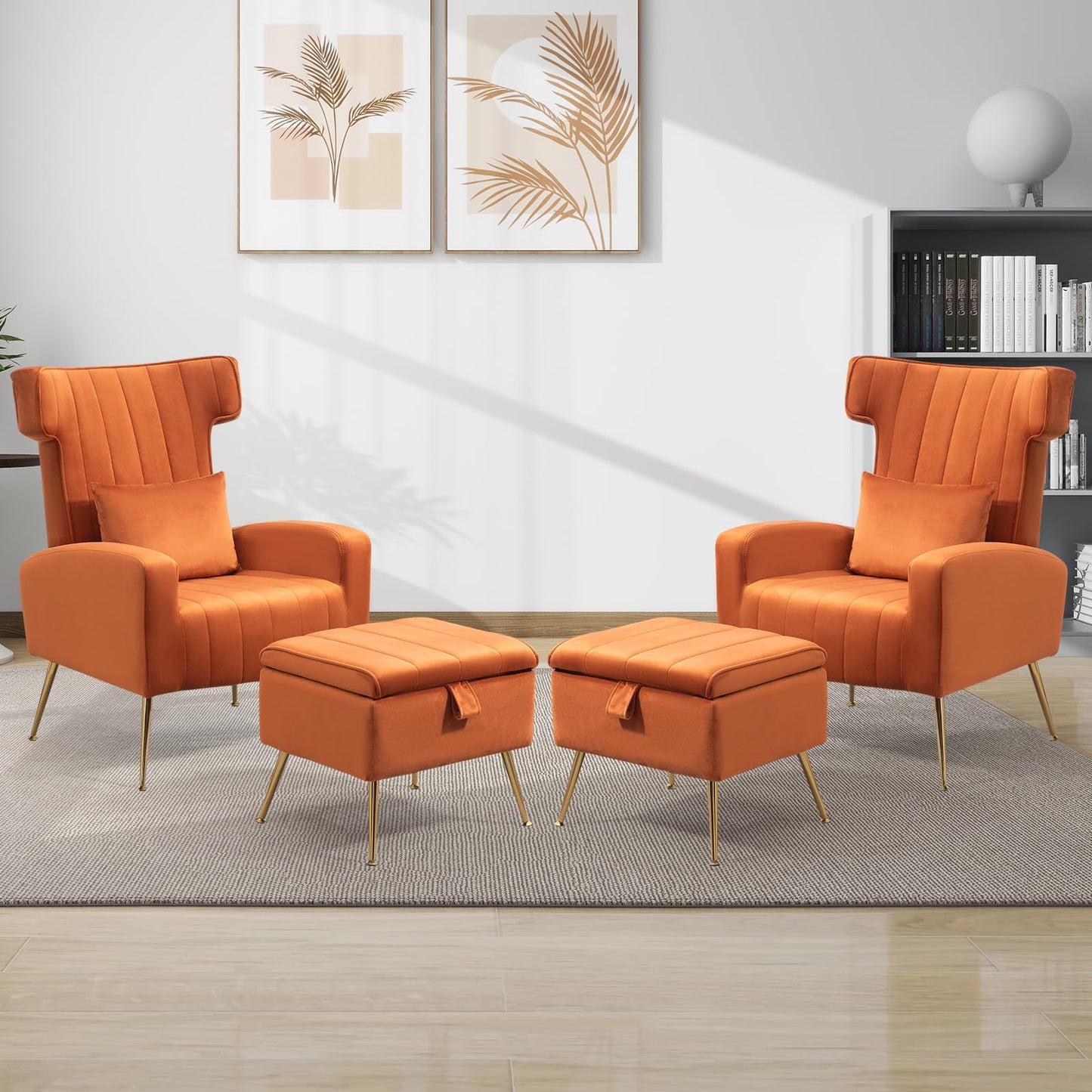 Velvet Accent Chairs Set of 2, Mid Century Modern Armchair with Ottoman