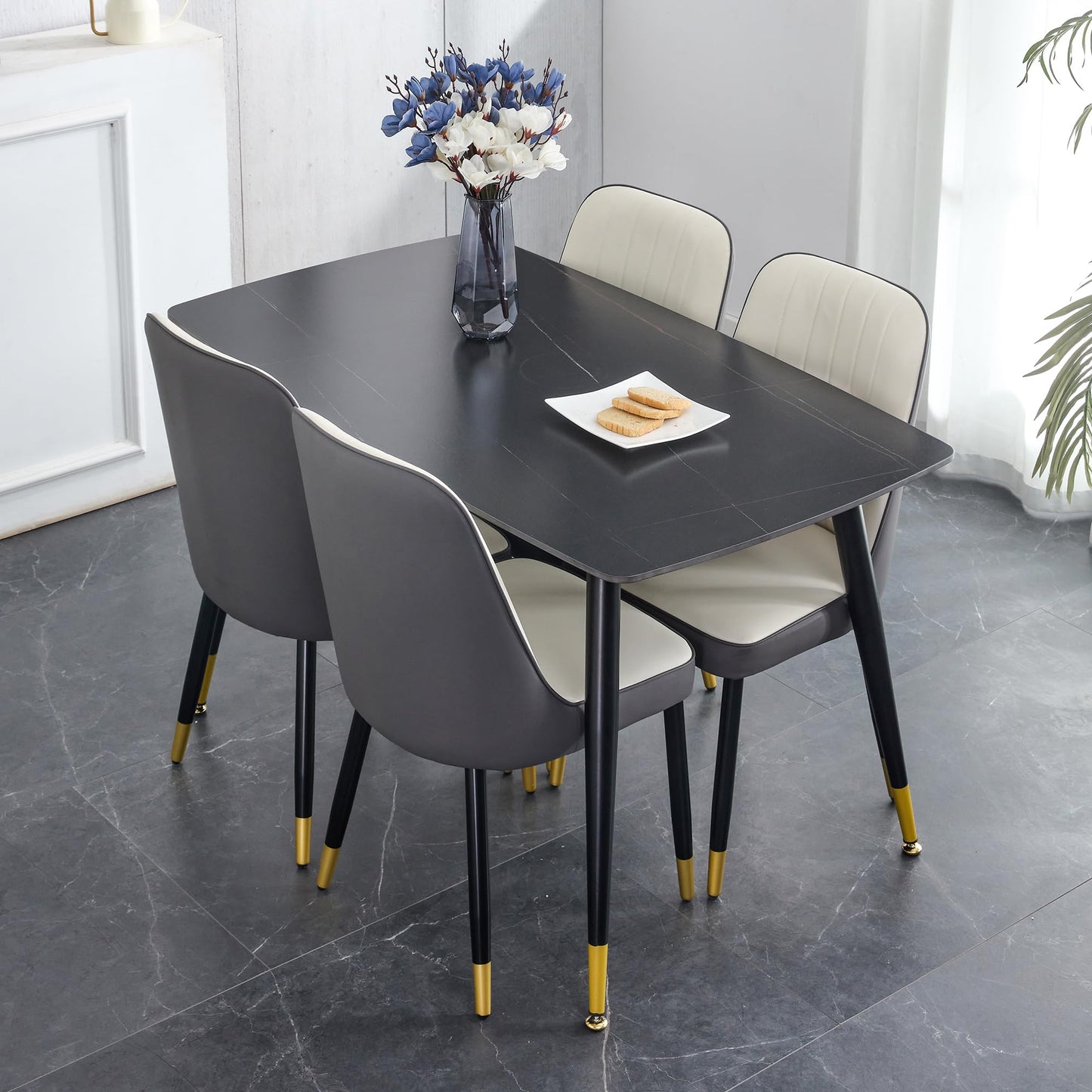 Dining Room Table Set for 4,Sintered Stone Kitchen Table Top and Modern Chairs