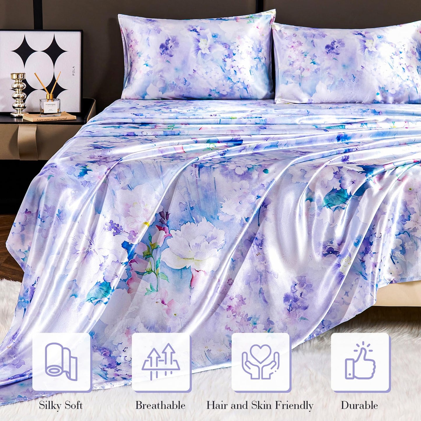 Floral Print - Luxurious Silky Feel Queen Sheet Set - Elegant Smooth Satin Bed Sheets