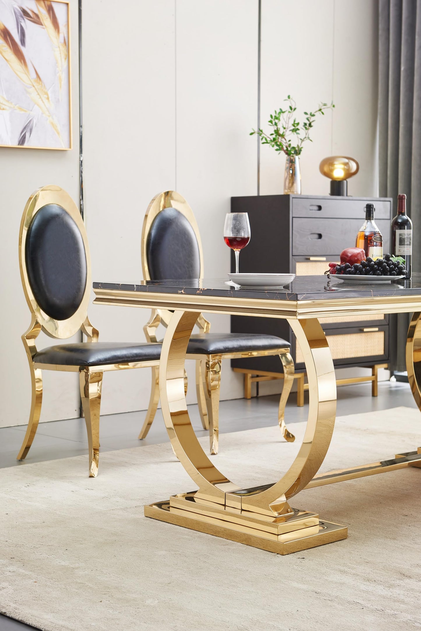 70 Inch White Marble Kitchen Table with Gold Mirrored Cabriole Legs