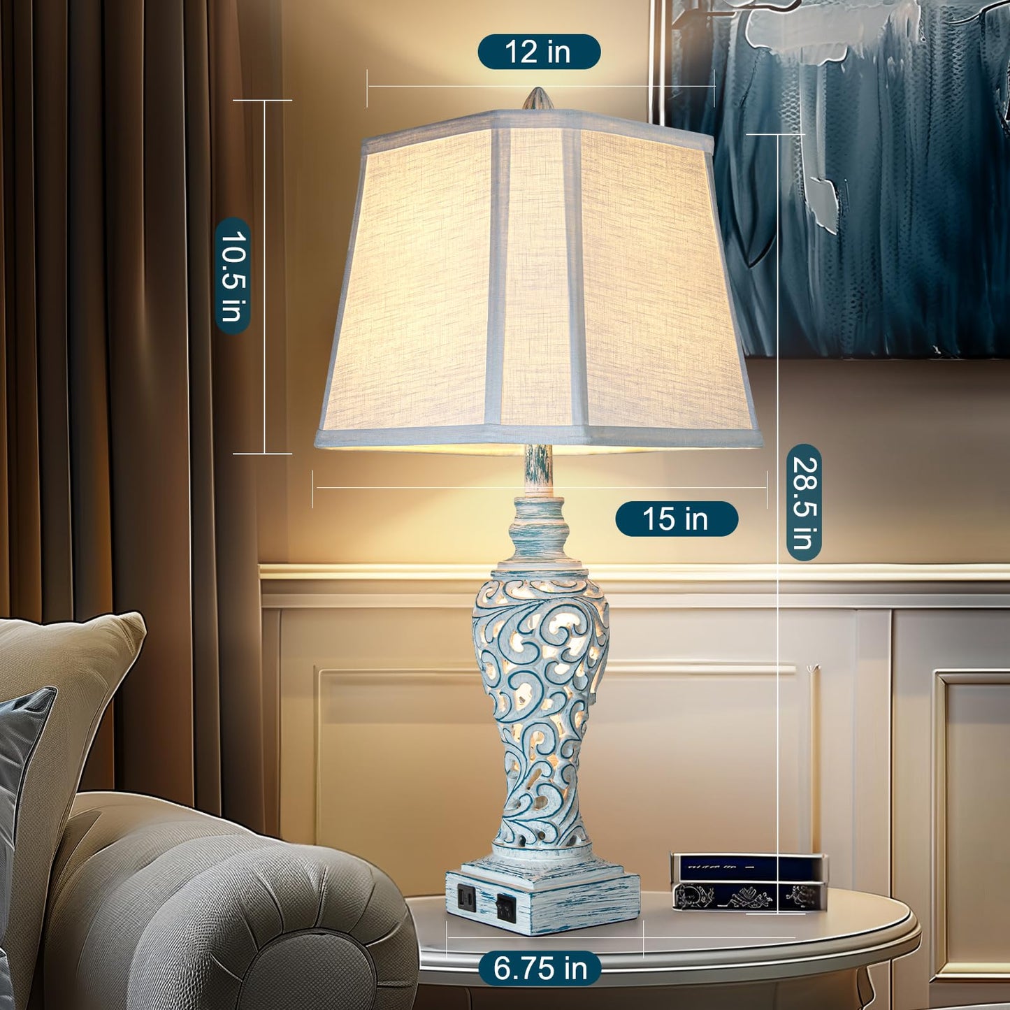 Table Lamps Set of 2 - Fabric Shades with USB and Nightlight