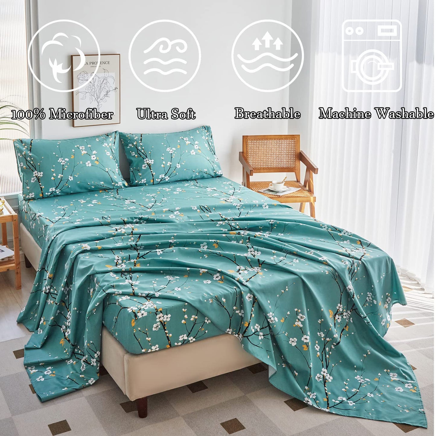 Teal Sheet Set 4 Pcs Queen Sheet Set Floral Print