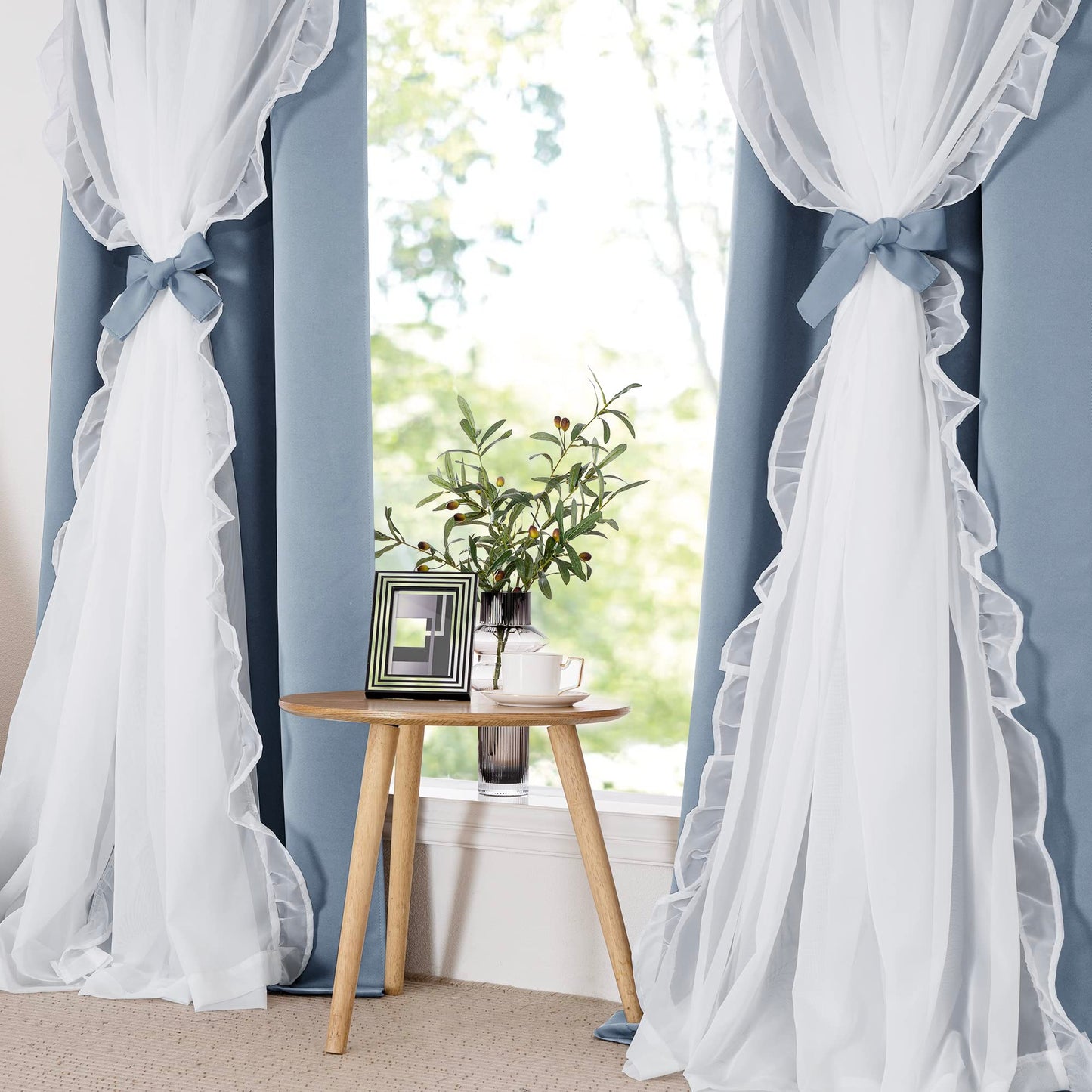 Blackout Window Treatment Double Layer Drapes Ruffle Sheer Overlay 2 Panels