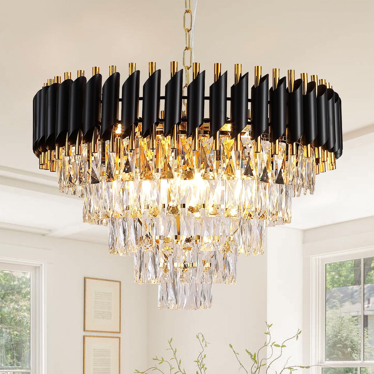 Modern Crystal Chandelier, 20’’ Black and Gold 4 Tiers Crystal