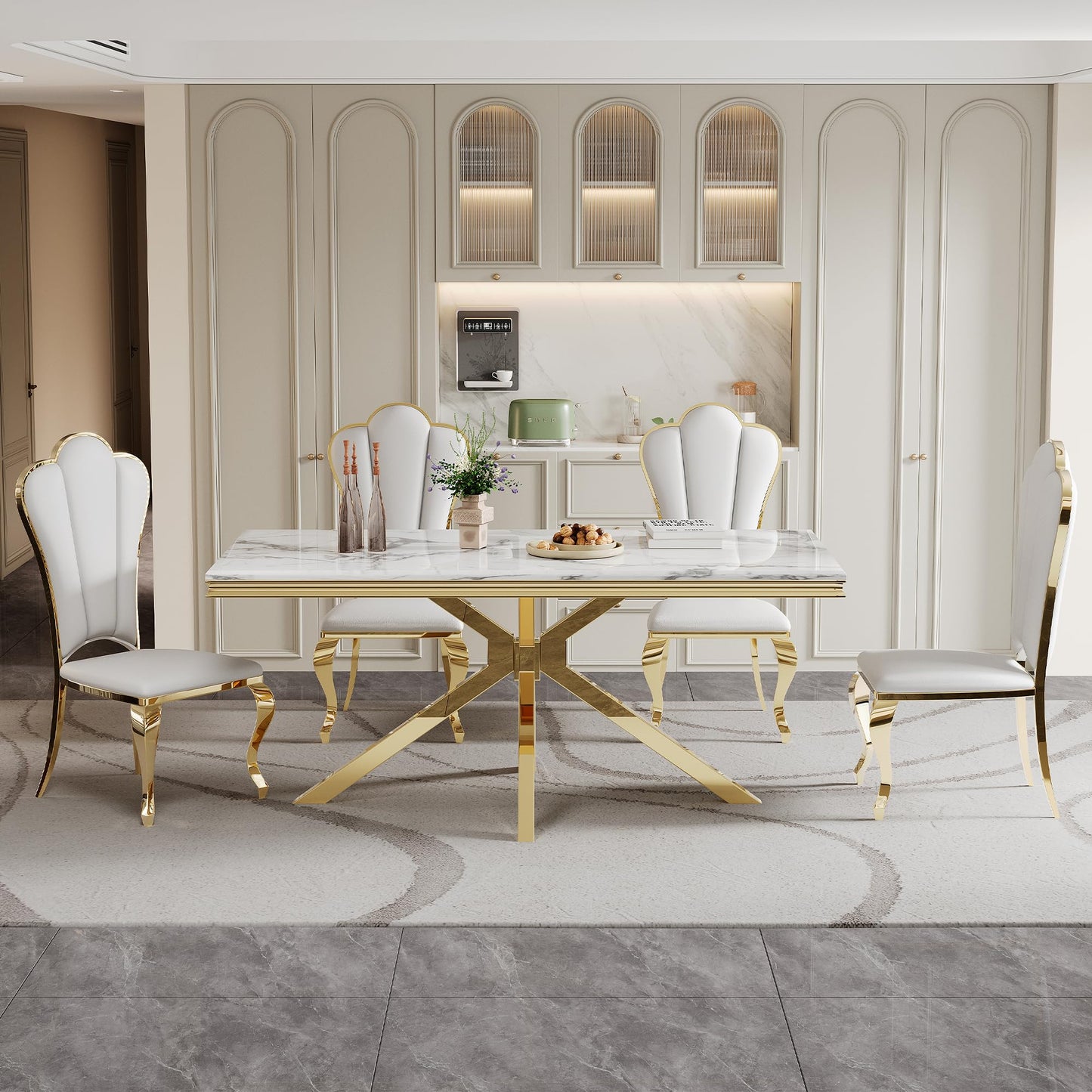 70 Inch White Marble Kitchen Table with Gold Mirrored Cabriole Legs