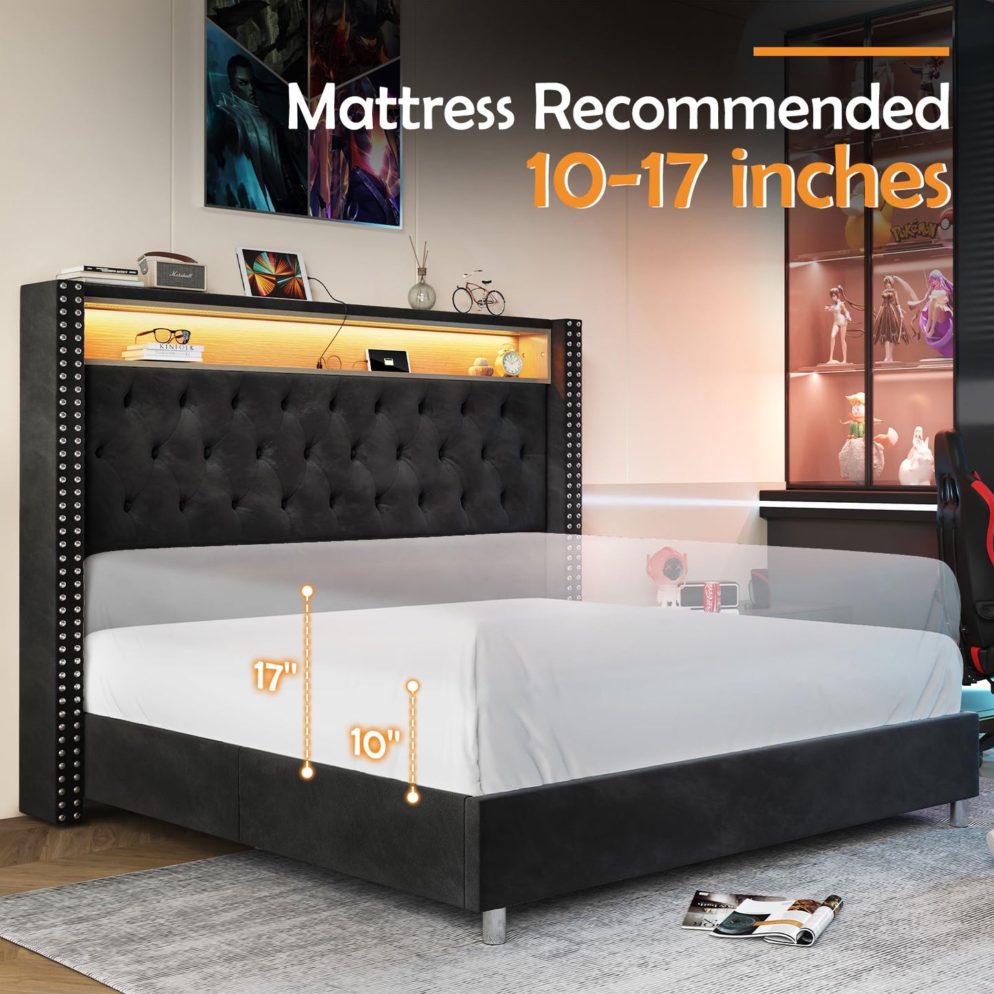 LED King Size Bed Frame and Headboard with Charging Station Velvet Upholstered