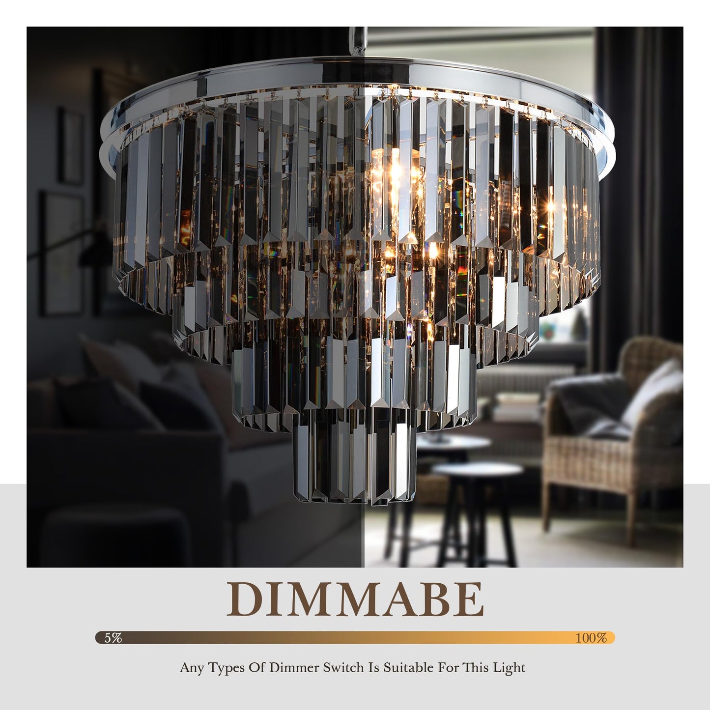 Luxury Smoke Crystal Chrome Chandelier, 8 Lights Pendant