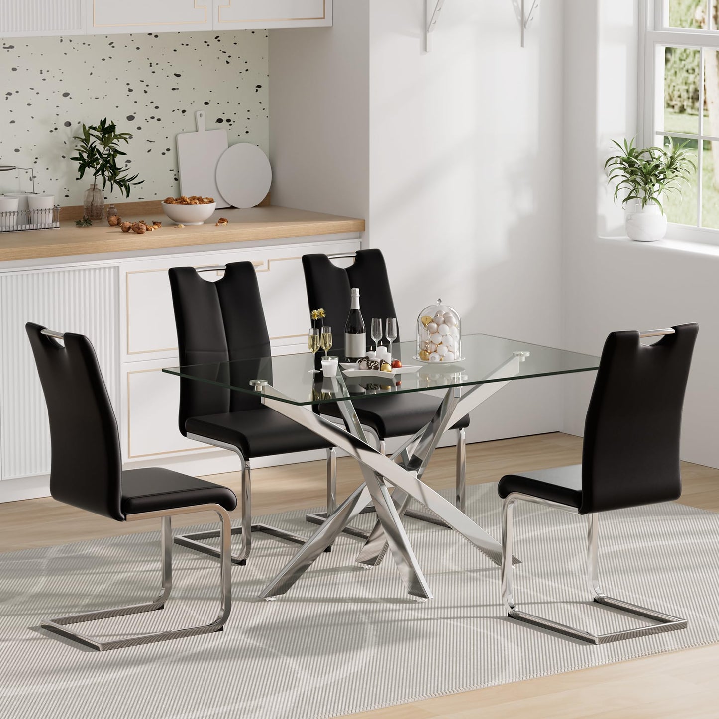 5 Piece Round Glass Dining Table Table Set, Round Glass with 4 PU Dining Chairs