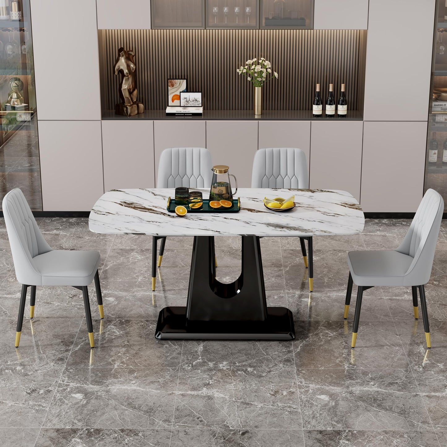 Dining Table Set for 6, White Faux Marble Pattern Table with 6 Modern Dining Chairs