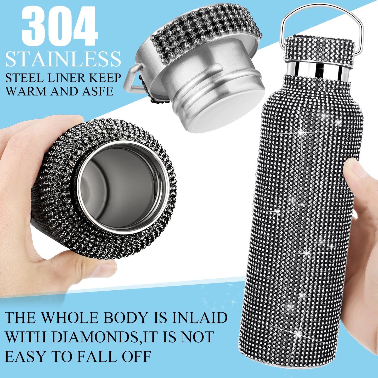 2 Pieces Bling Water Bottle Diamond - Rhinestone with Chain Stainless Steel