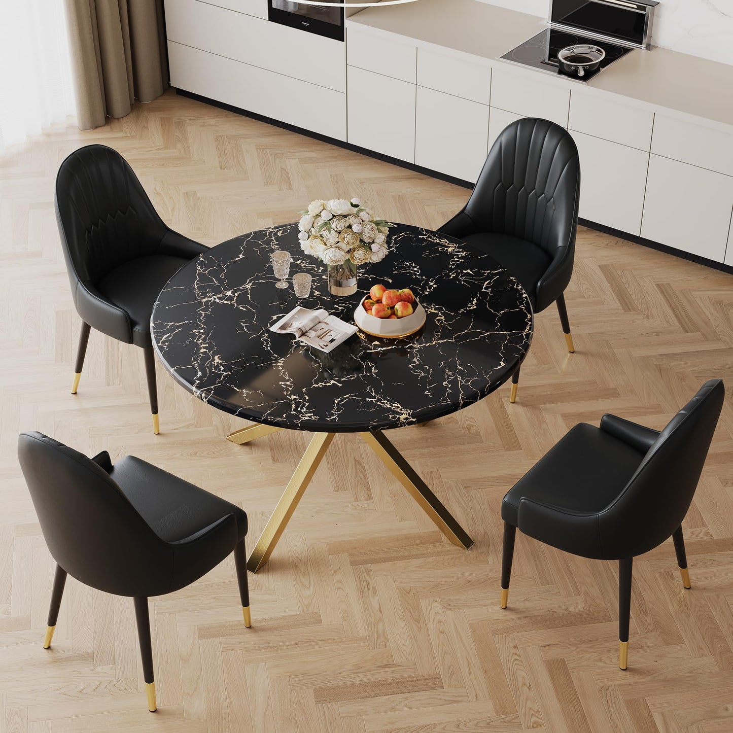 70 Inch White Marble Kitchen Table with Gold Mirrored Cabriole Legs