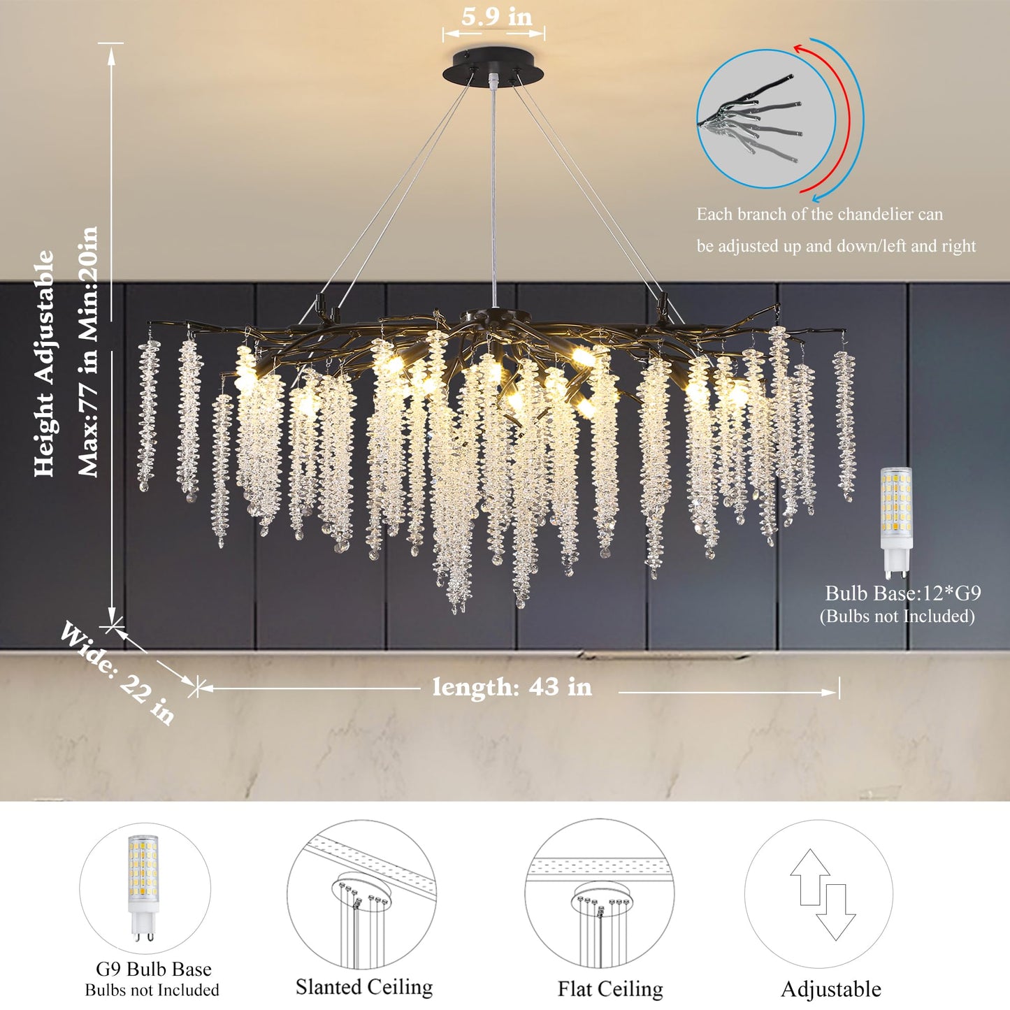 Modern Crystal Tree Branches Chandelier Gold Round Raindrop