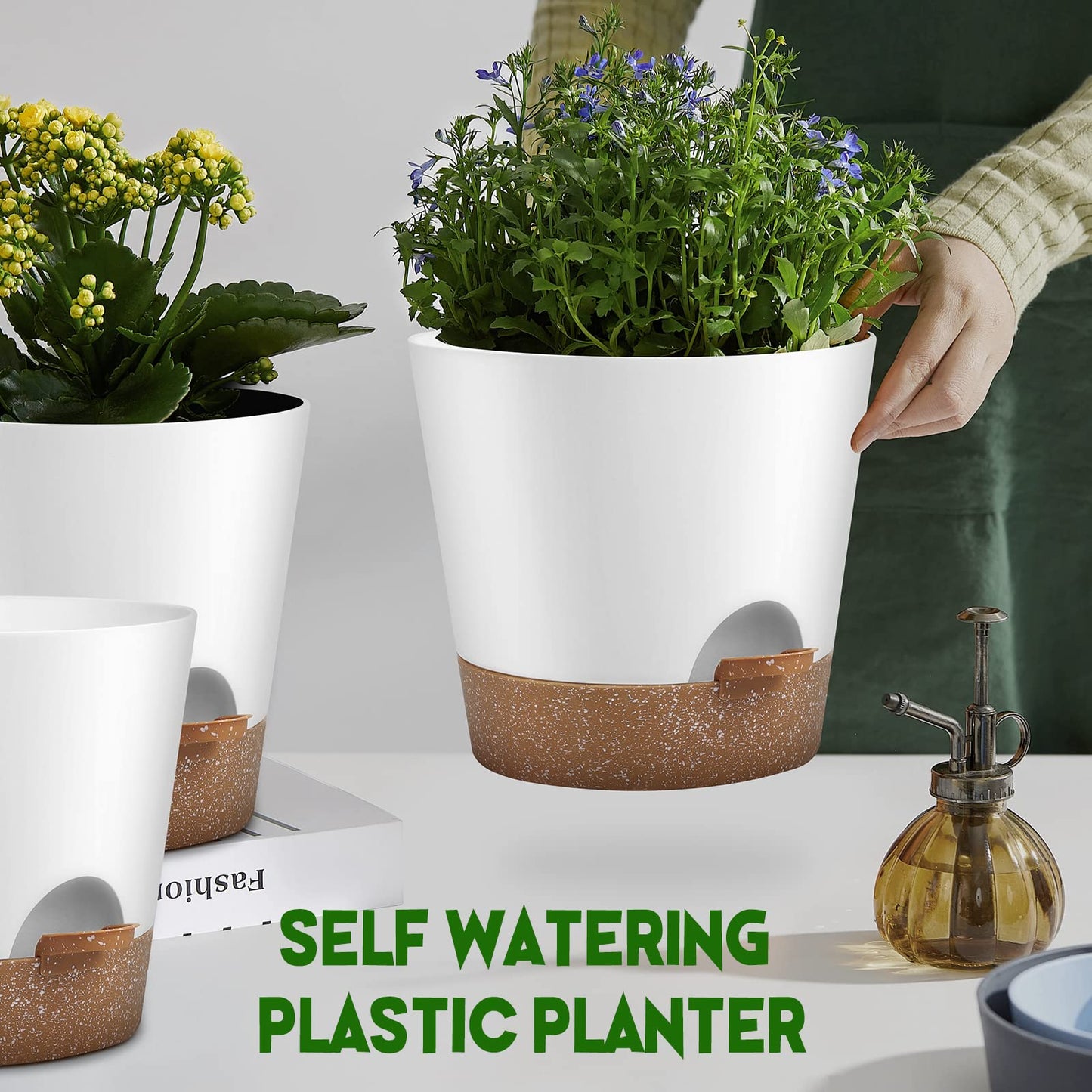 Indoor Self Watering Planters with Drainage Holes and Saucers, Black, 6 Pots