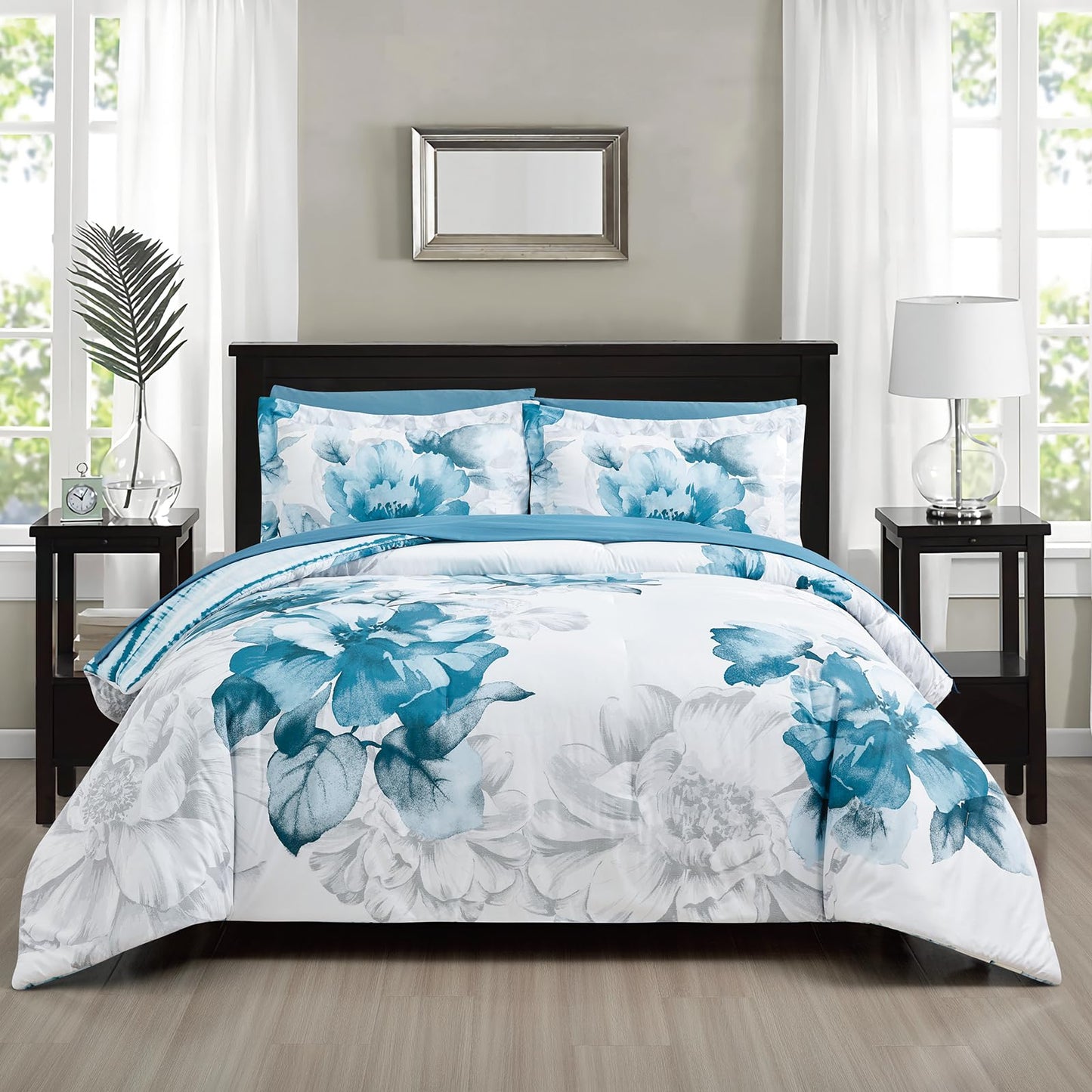 7 Pieces Queen, with Light Weight Soft Poly Fill, Printed Teal Grey Big Florals