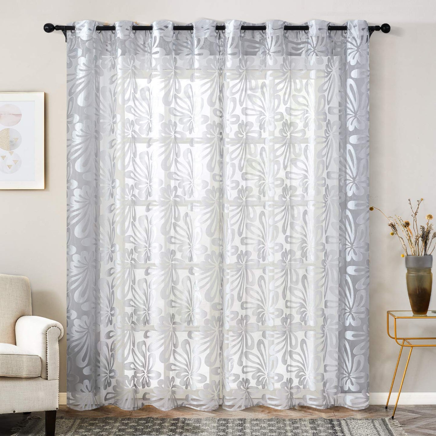 Floral Voile Sheer Curtains 84 Inches Long - Window Treatments 2 Panels