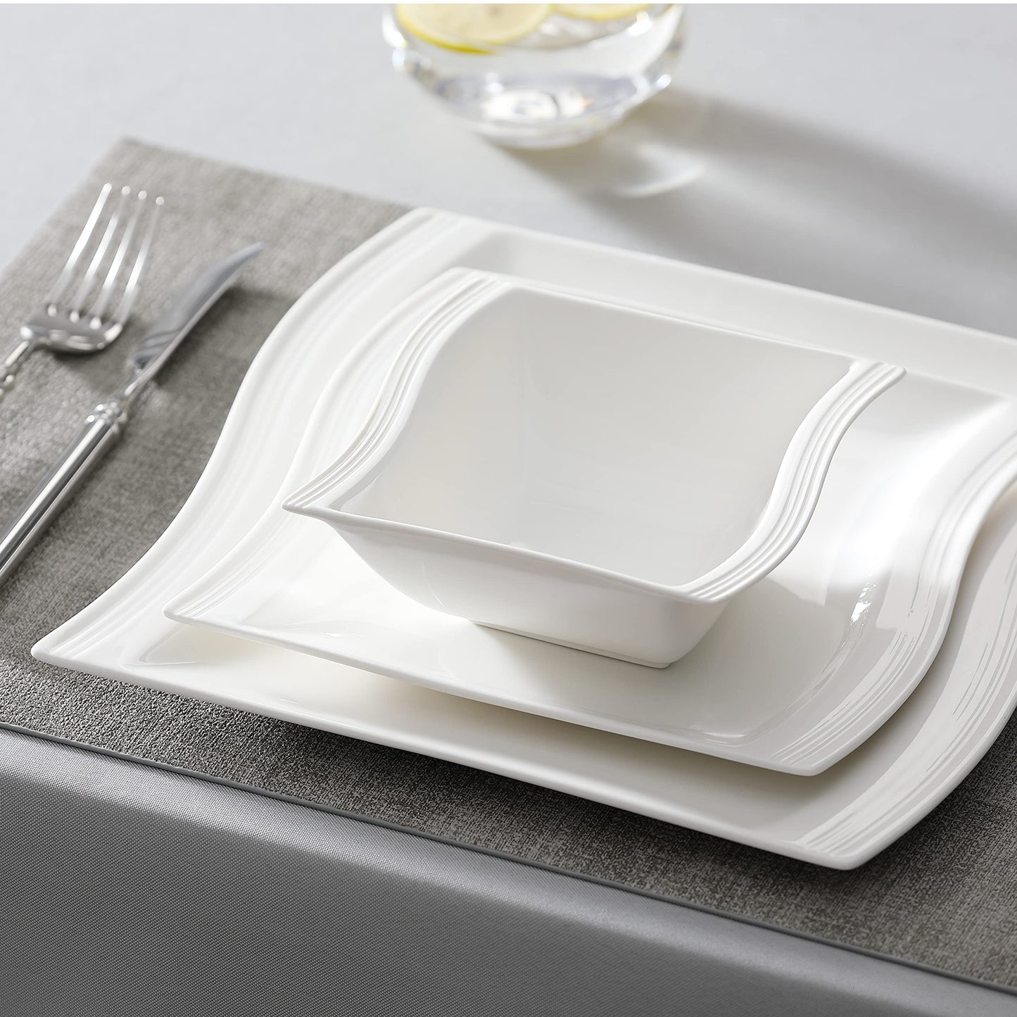 Dinnerware Sets, 12-Piece Porcelain Plates and Bowls Sets, Square Marble