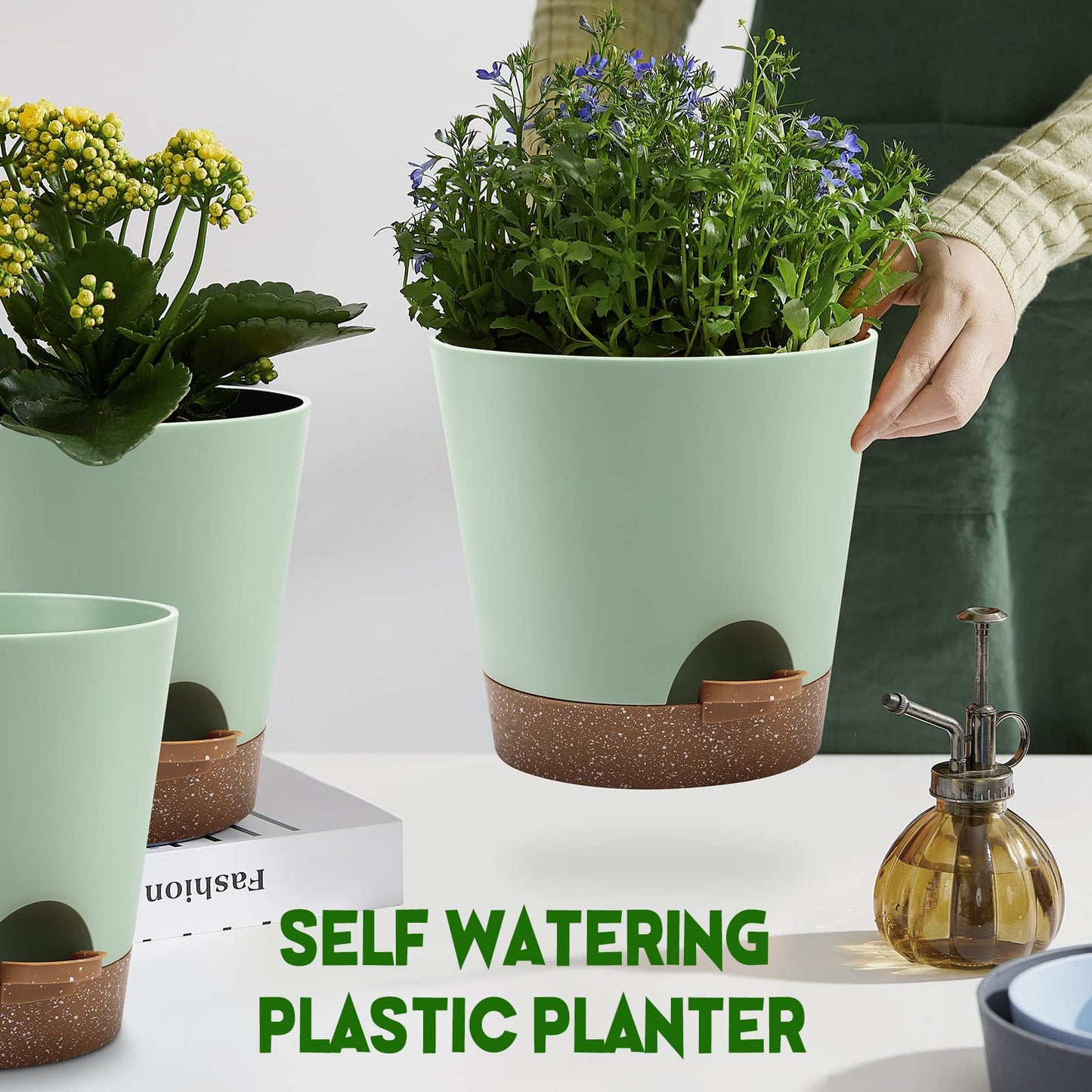 Indoor Self Watering Planters with Drainage Holes and Saucers, Black, 6 Pots