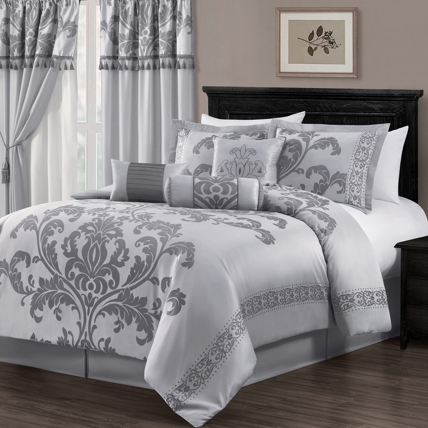 7-Piece Jacquard Floral Comforter Set (Queen, Navy/Gold)