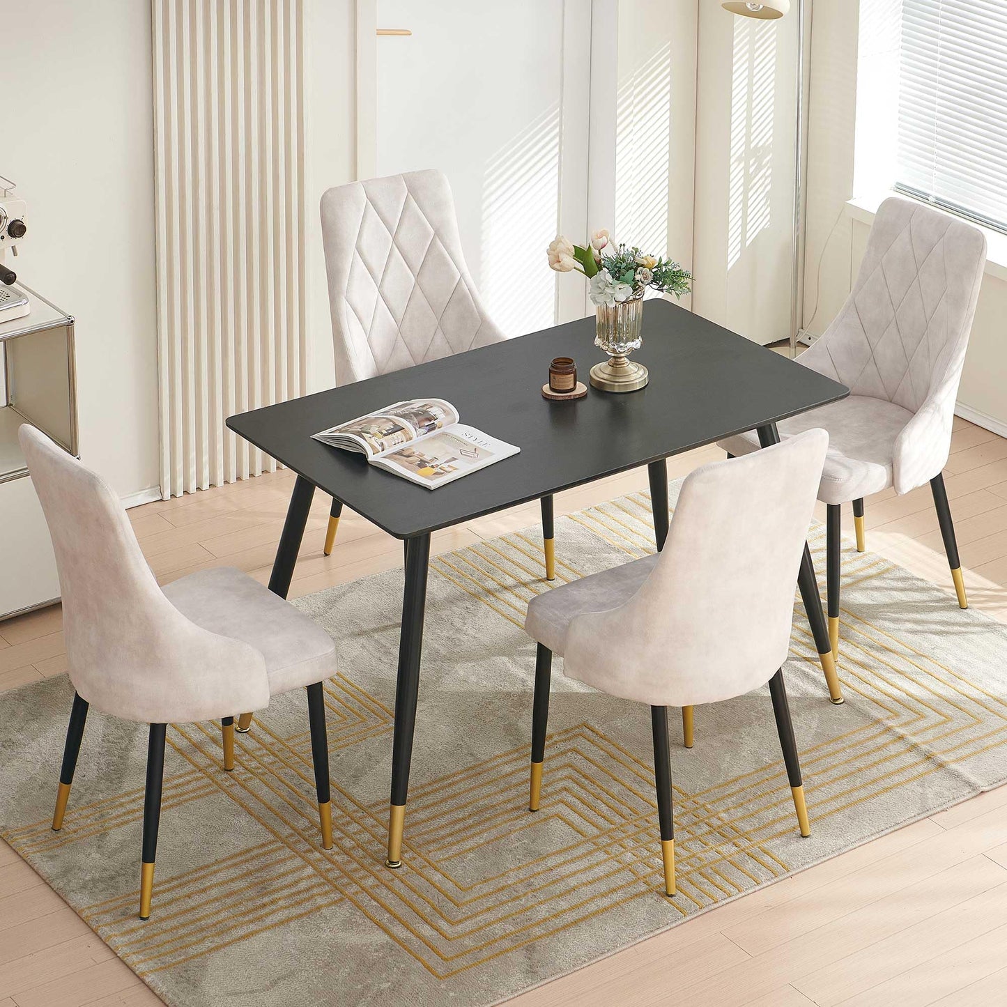 Kitchen Table and Chairs Set, Grey Glass Round Table with Metal Legs, 4 Chairs