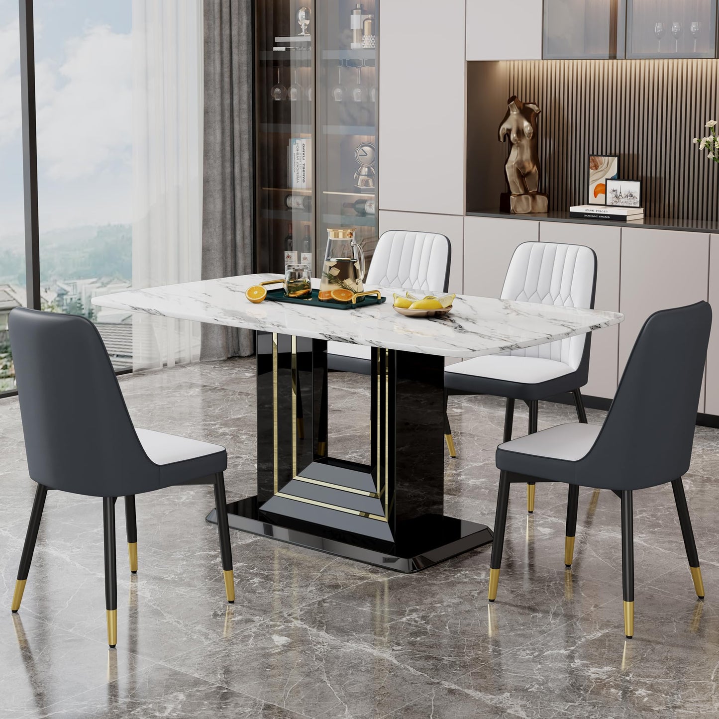 Dining Table Set for 6, White Faux Marble Pattern Table with 6 Modern Dining Chairs